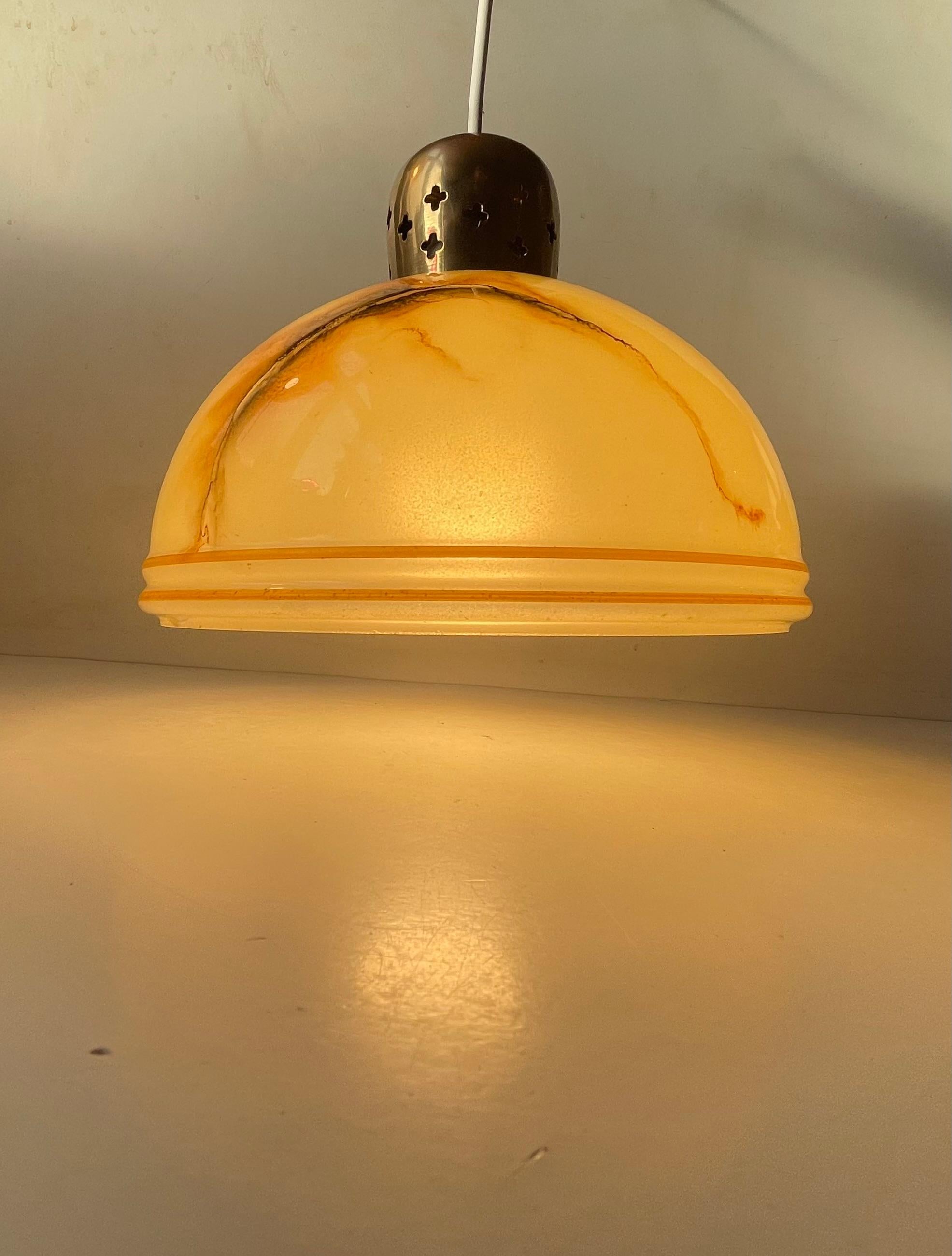 Danish Art Deco style Hanging Lamp in Marbled Glass & Brass, 1940s For Sale