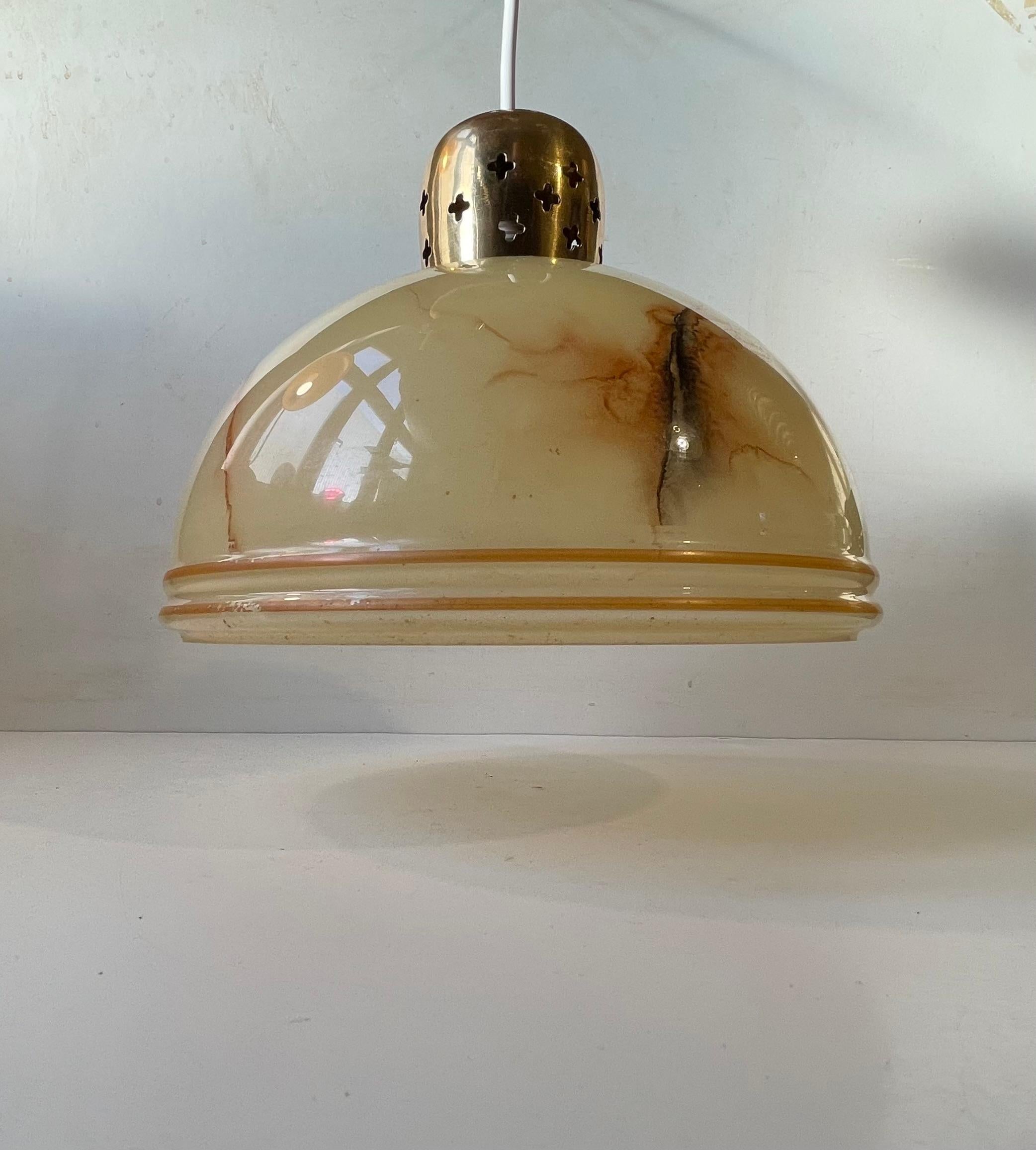 Mid-20th Century Art Deco style Hanging Lamp in Marbled Glass & Brass, 1940s For Sale