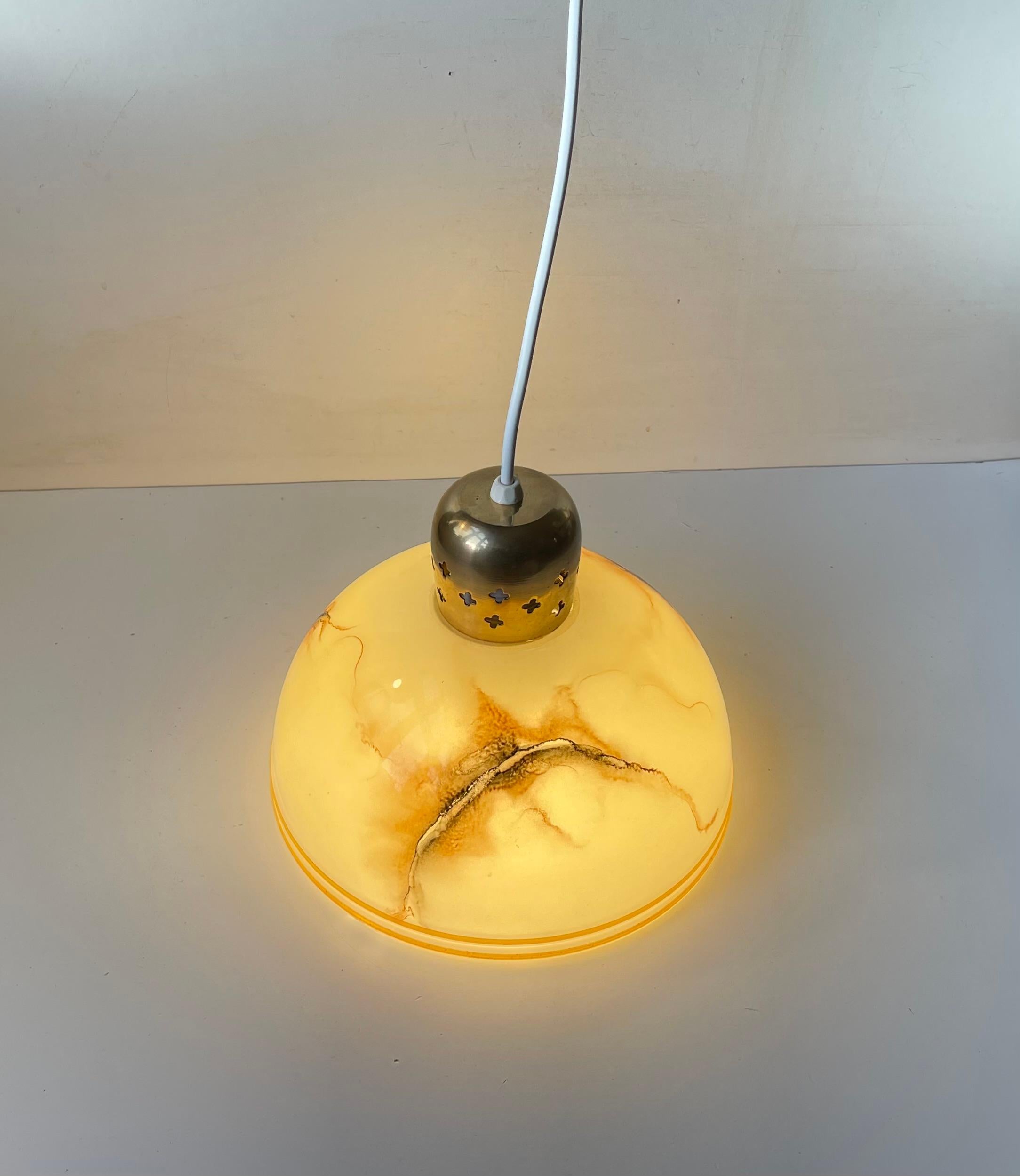 Art Glass Art Deco style Hanging Lamp in Marbled Glass & Brass, 1940s For Sale