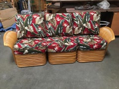 Art Deco Style "Hawaii" Rattan Fan Arm Three-Seat Sectional Sofa