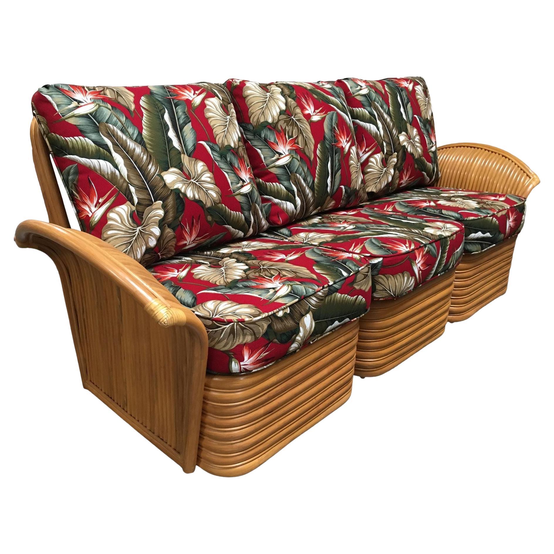 Art Deco Style "Hawaii" Rattan Fan Arm Three-Seat Sectional Sofa For Sale