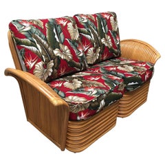 Retro Art Deco Style "Hawaii" Rattan Fan Arm Two-Seat Sectional Loveseat Sofa