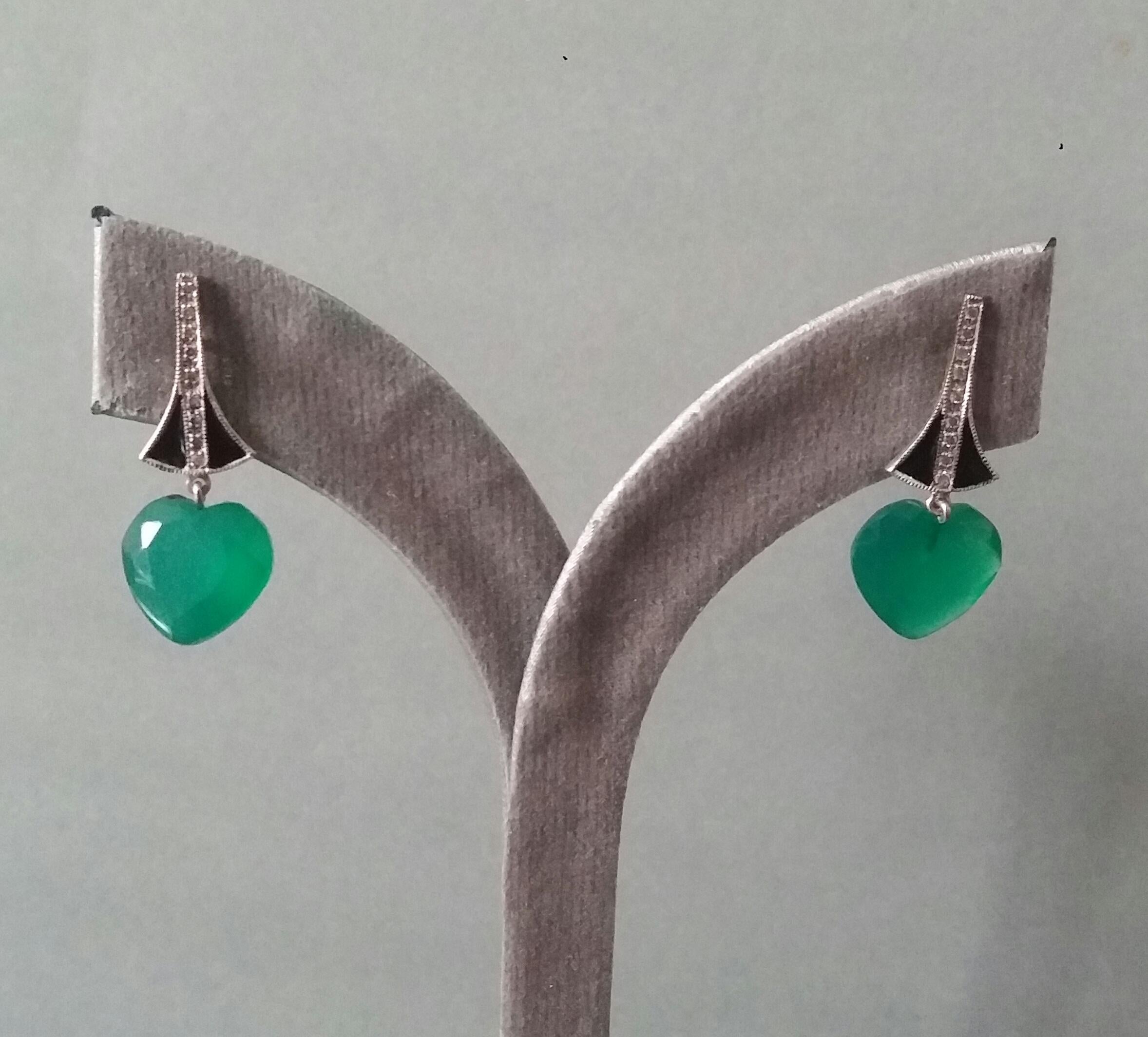 Women's Art Deco Style Heart Shape Green Onyx Gold Diamonds Black Enamel Dangle Earrings