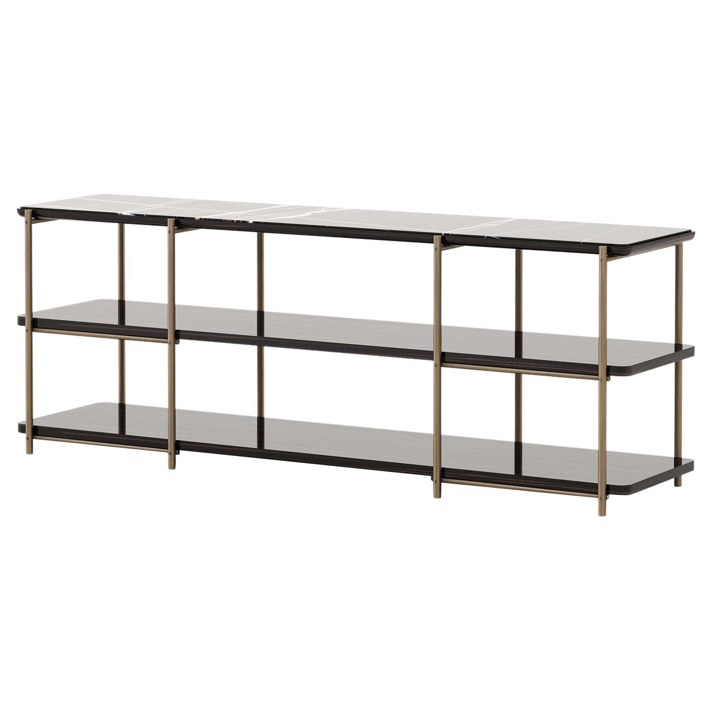 Console bassa di lei in stile Art Deco realizzata in ebano, marmo e ottone, fatta a mano