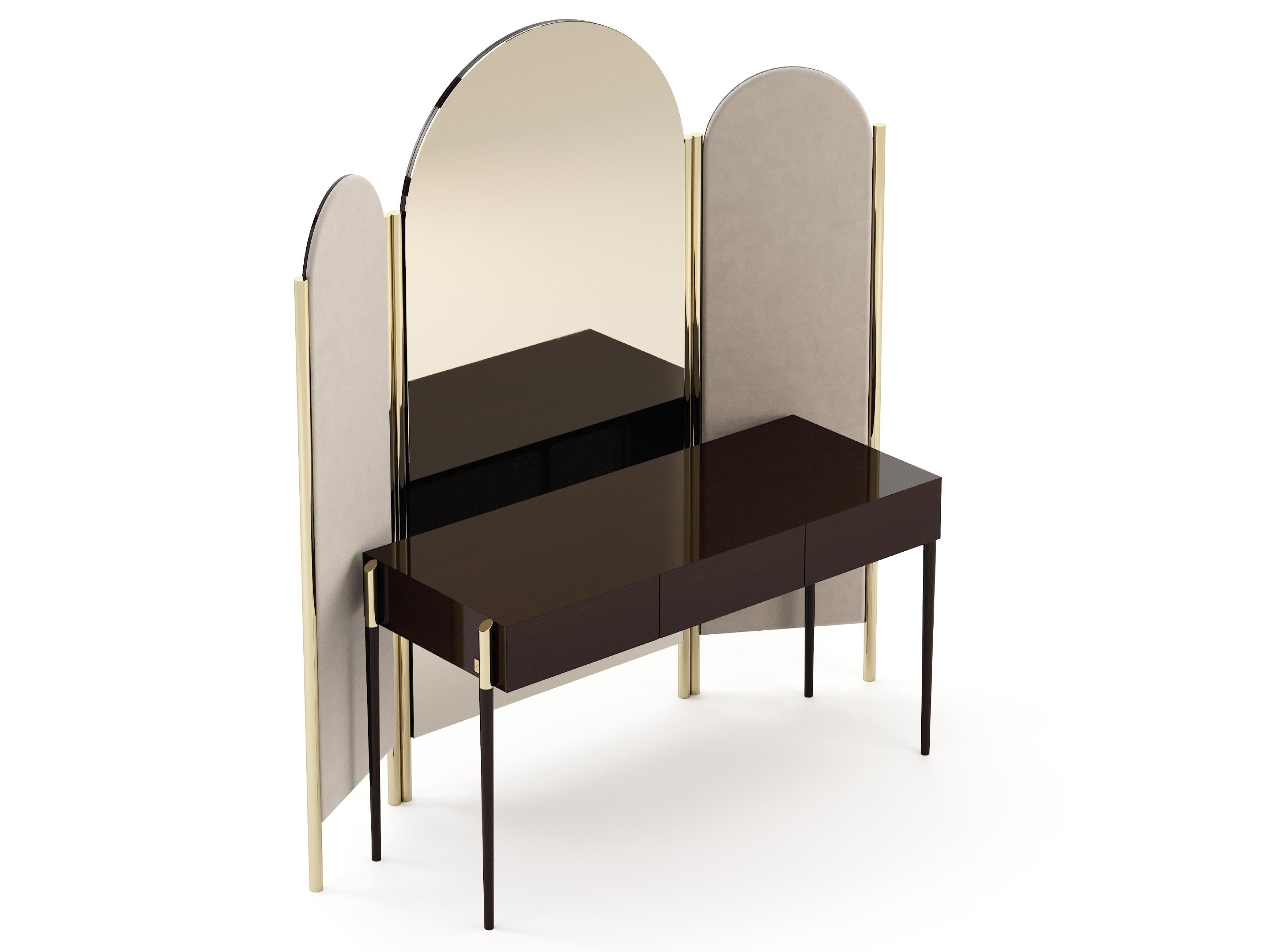 Art Deco Style Her Vanity Tisch mit Eiche, Messing und Spiegel von Stylish Club gemacht (Art déco) im Angebot