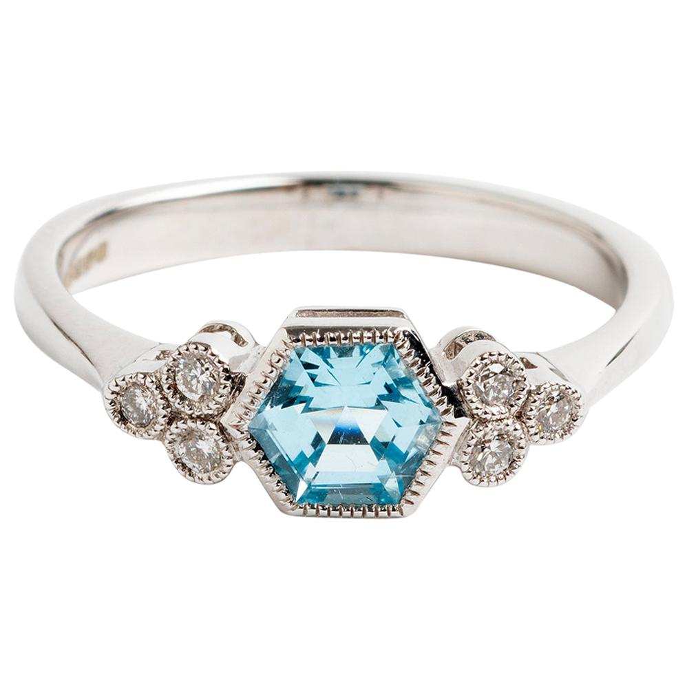 Art Deco Style Hexagon Blue Topaz Ring, Total .09 Carat, Hallmarked London