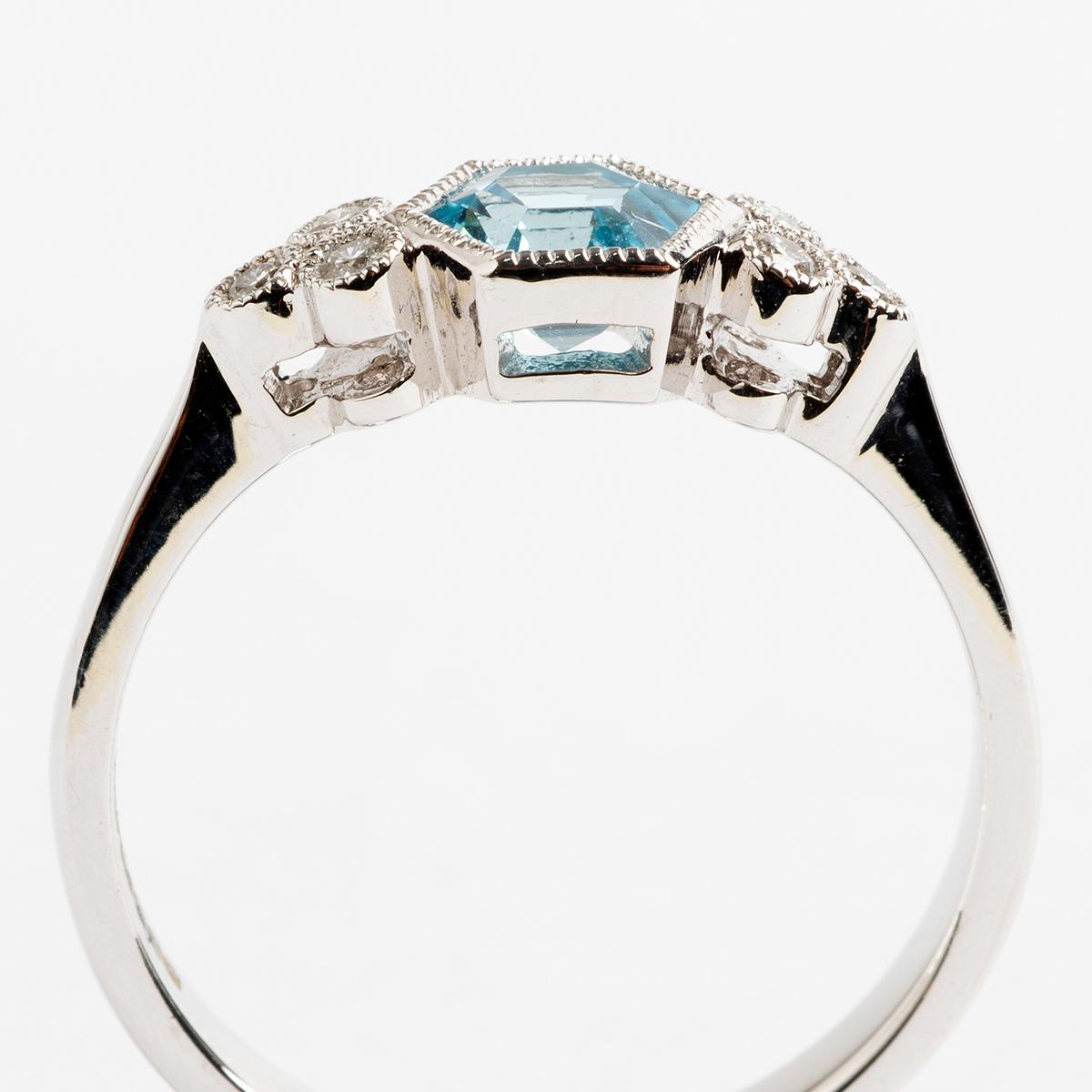 Round Cut Art Deco Style Hexagon Blue Topaz Ring, Total .09 Carat, Hallmarked London