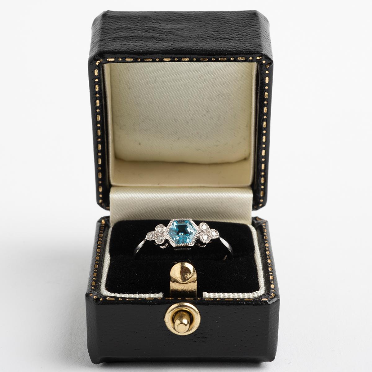 Art Deco Style Hexagon Blue Topaz Ring, Total .09 Carat, Hallmarked London In Good Condition In Canterbury, GB