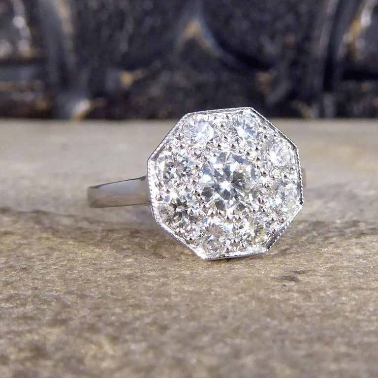 Art Deco Style Hexagonal 1.10ct Brilliant Cut Diamond Cluster Set Ring ...