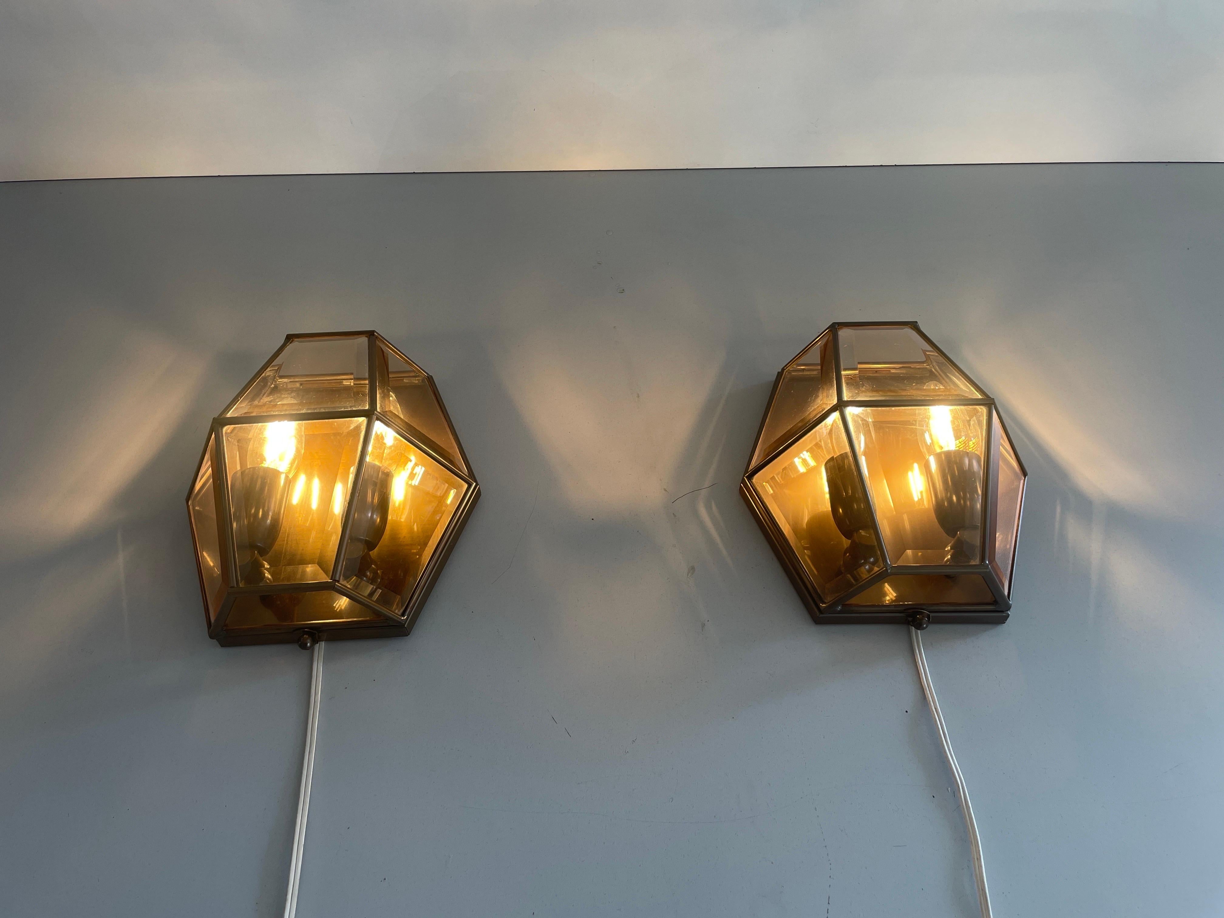 Art Deco Style Hexagonal Frame Glass Pair of Sconces, 1960s, Germany For Sale 6