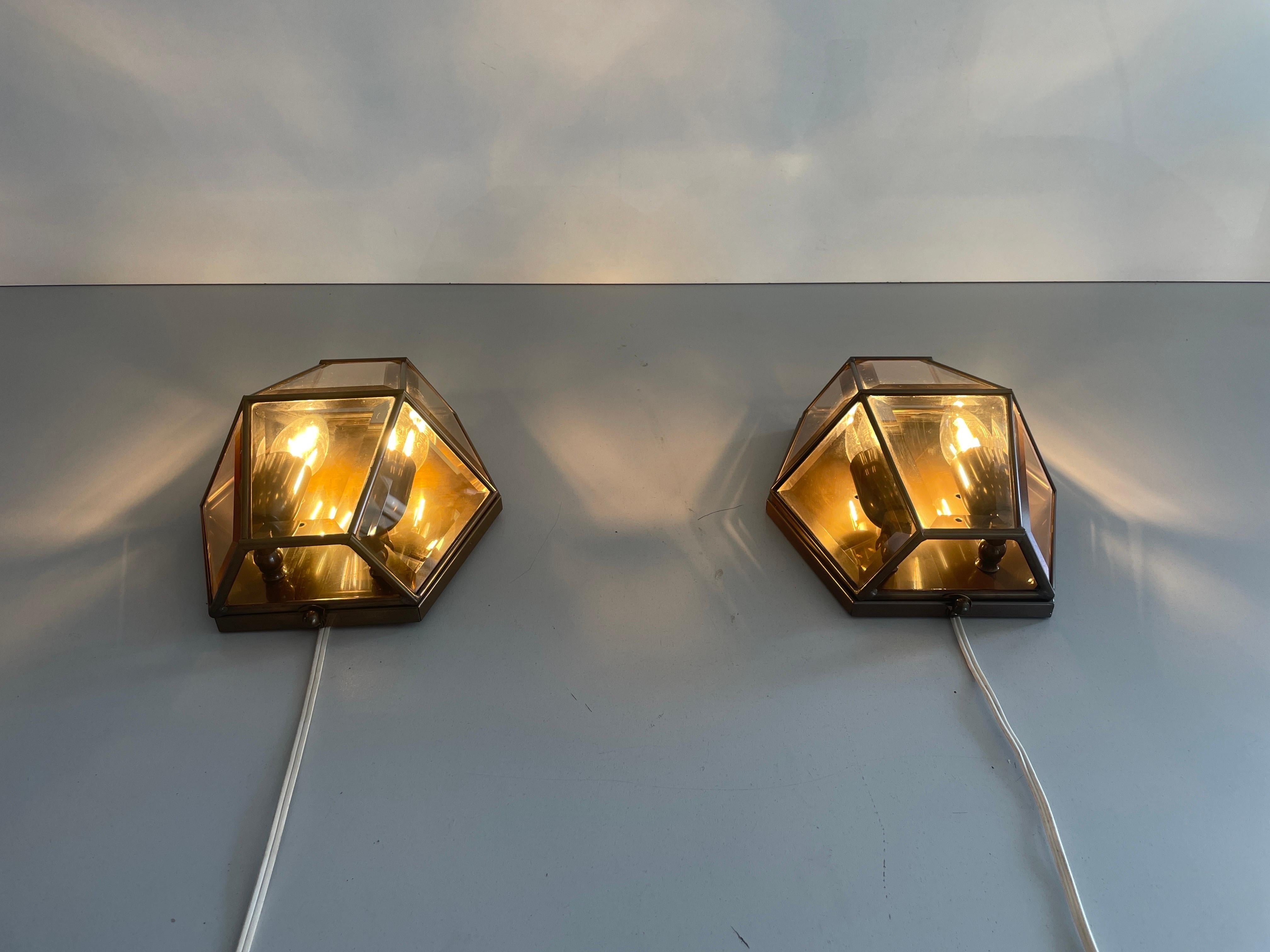 Art Deco Style Hexagonal Frame Glass Pair of Sconces, 1960s, Germany For Sale 7