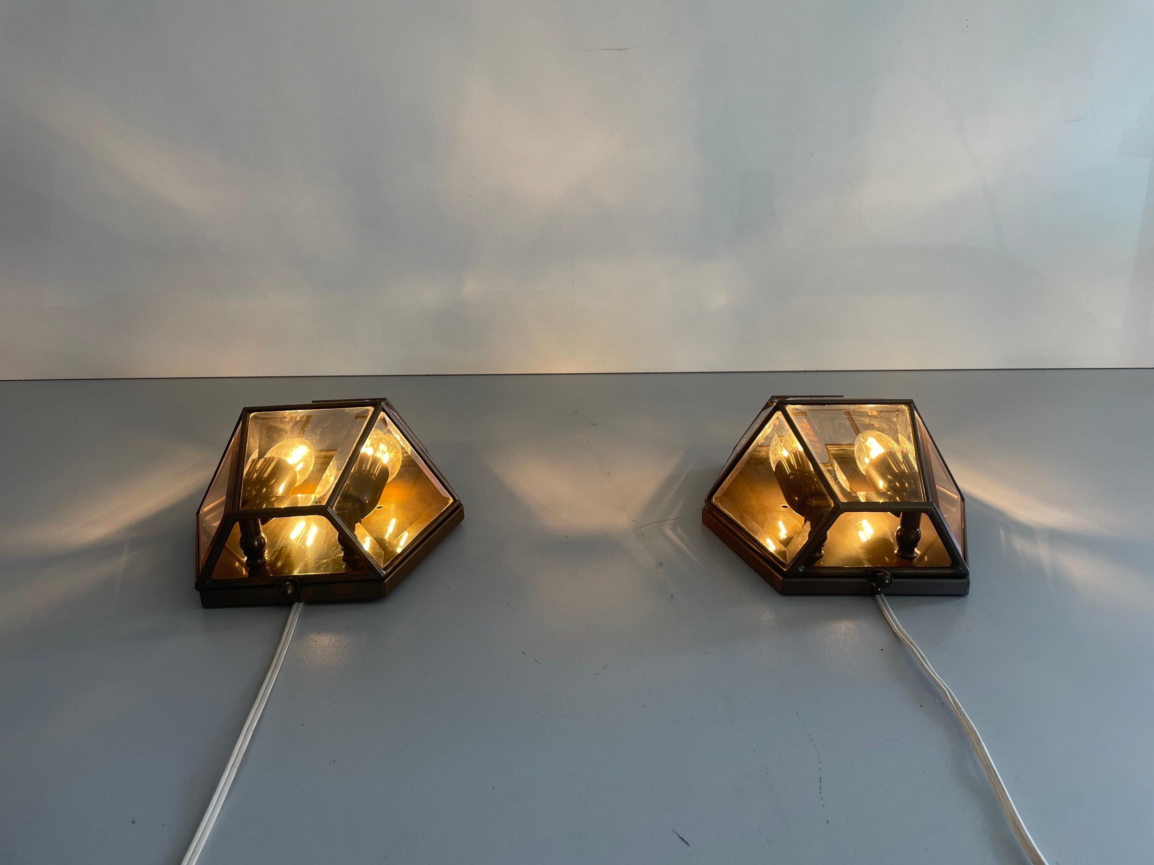 Art Deco Style Hexagonal Frame Glass Pair of Sconces, 1960s, Germany For Sale 8