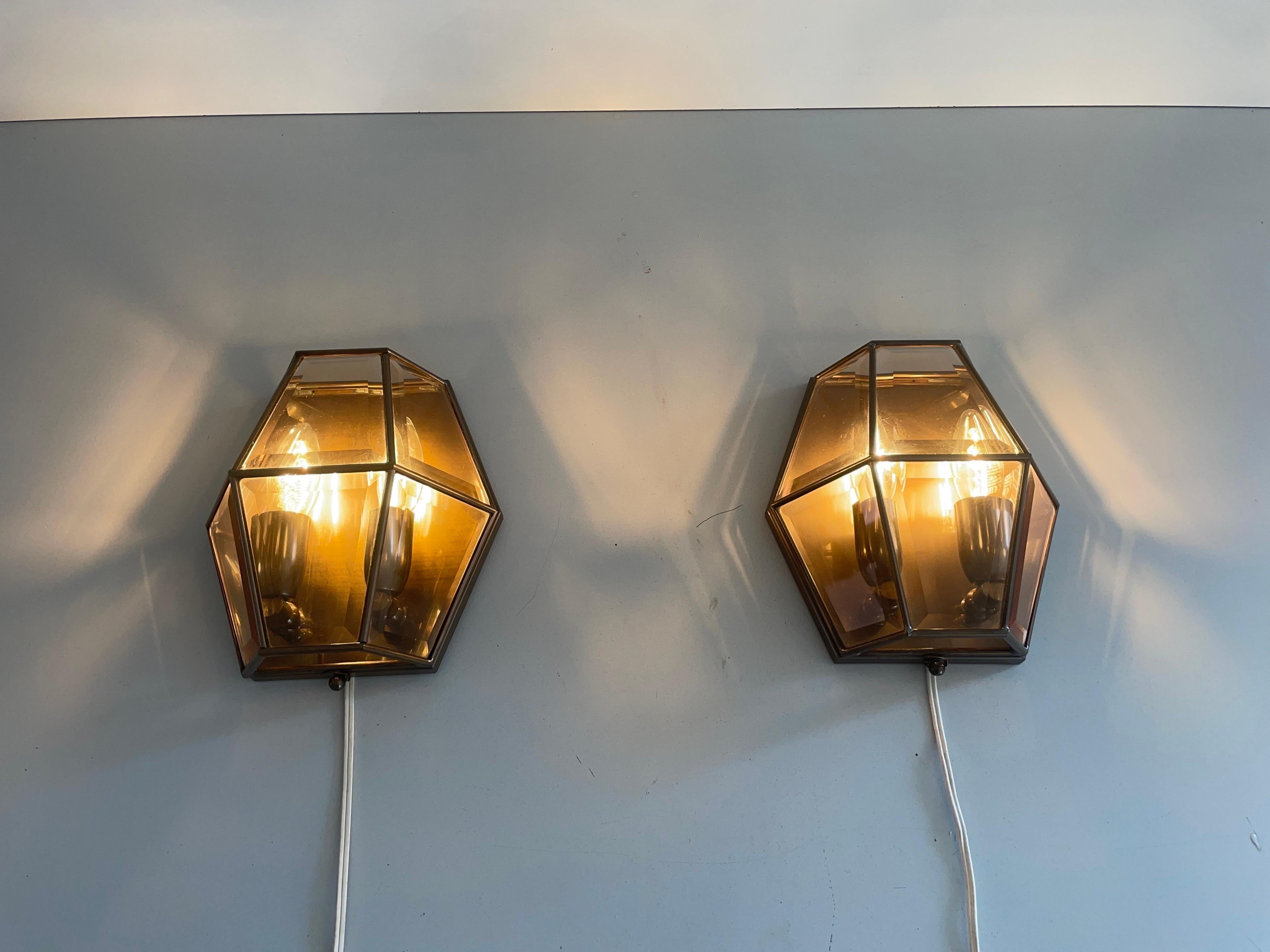 Art Deco Style Hexagonal Frame Glass Pair of Sconces, 1960s, Germany For Sale 10