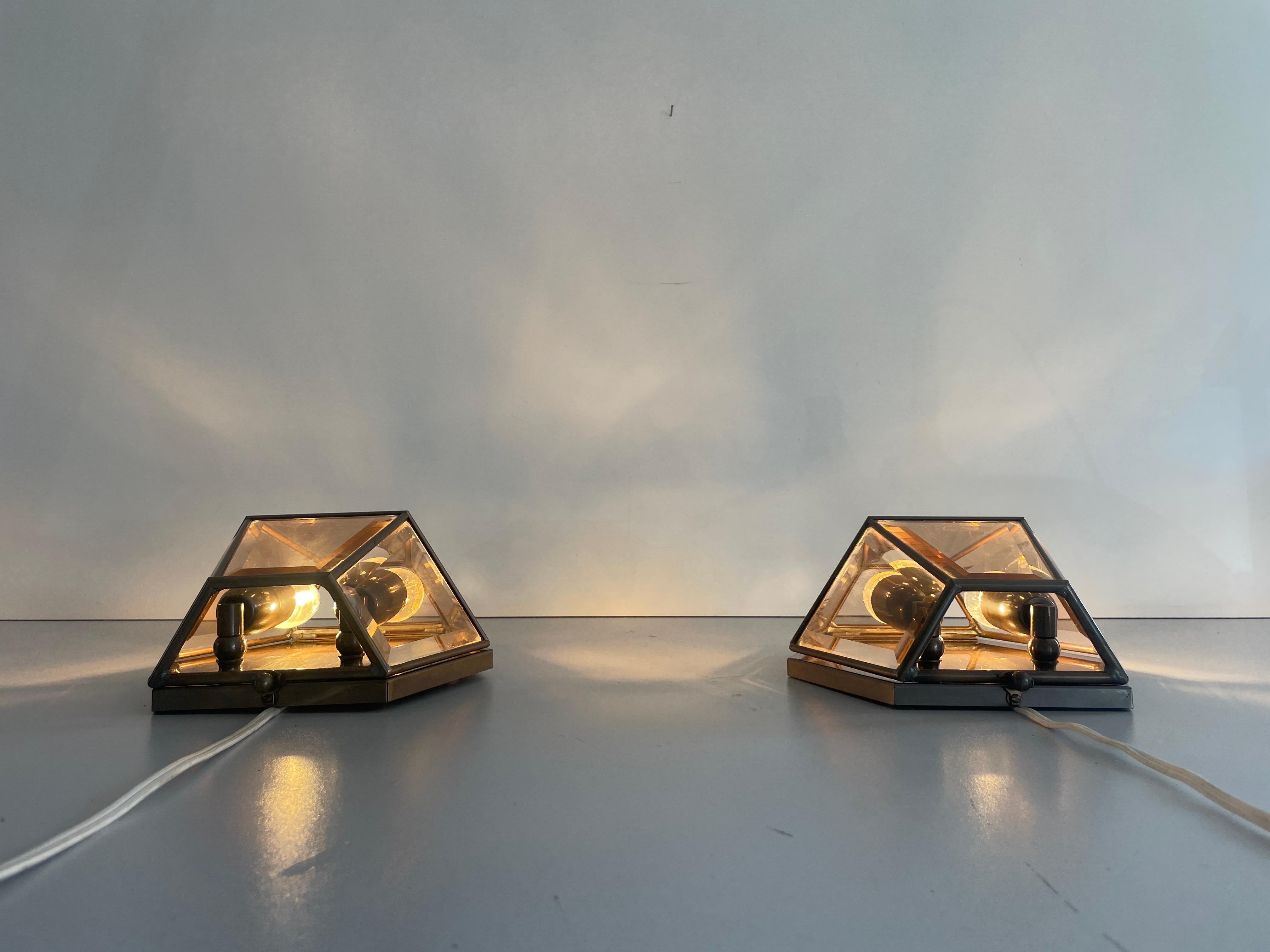 Art Deco Style Hexagonal Frame Glass Pair of Sconces, 1960s, Germany For Sale 11