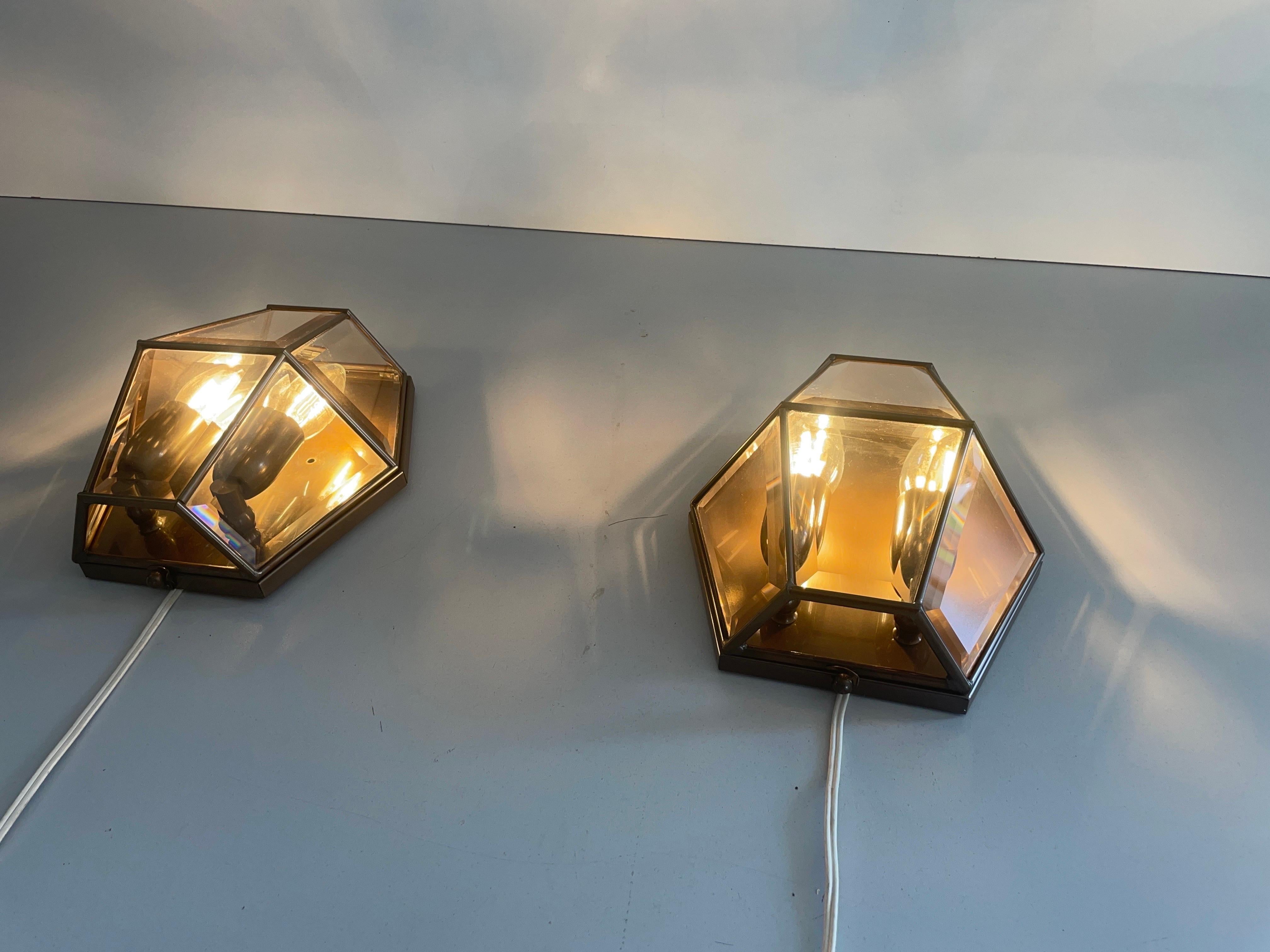 Art Deco Style Hexagonal Frame Glass Pair of Sconces, 1960s, Germany For Sale 14