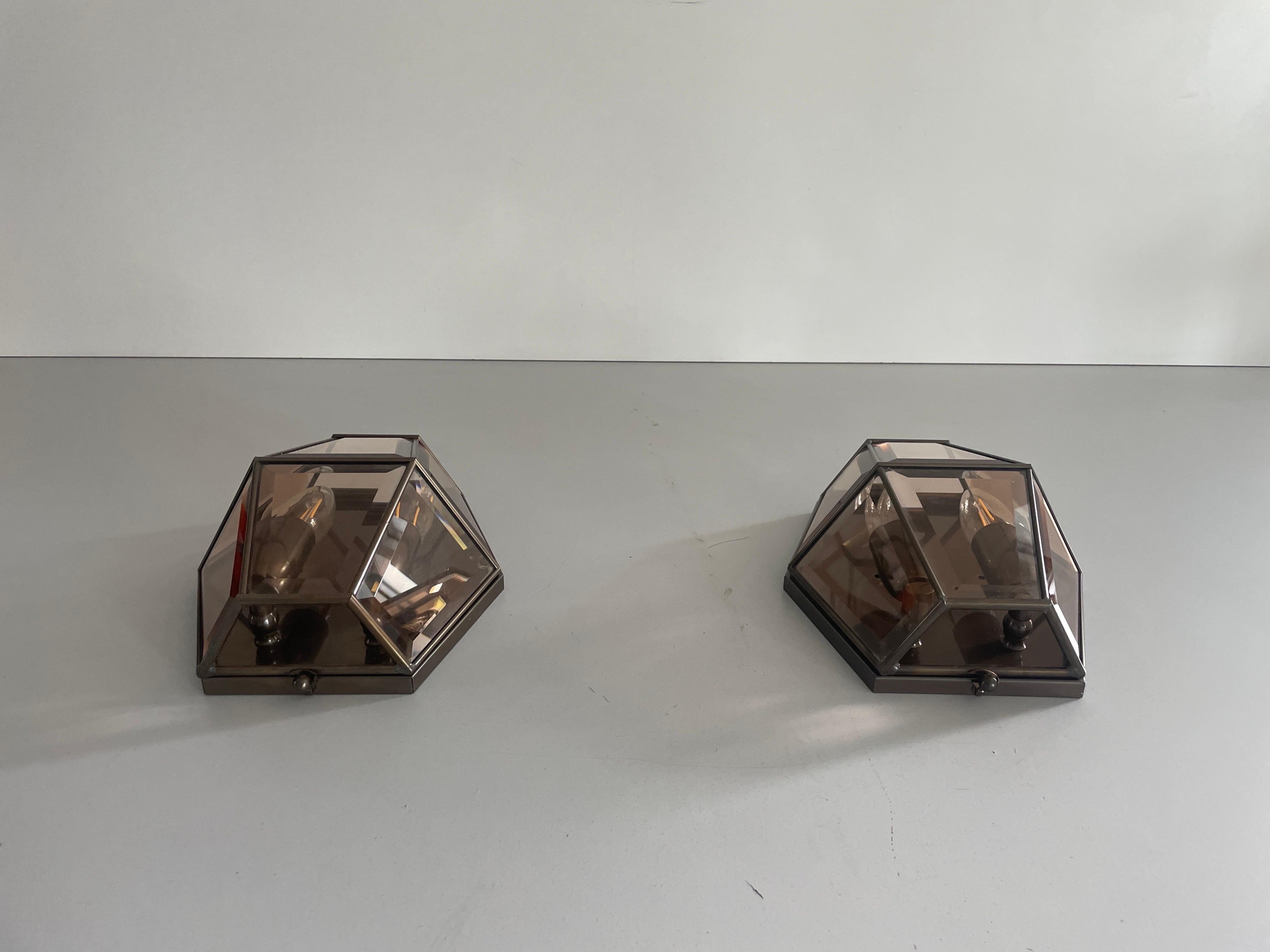 Mid-20th Century Art Deco Style Hexagonal Frame Glass Pair of Sconces, 1960s, Germany For Sale