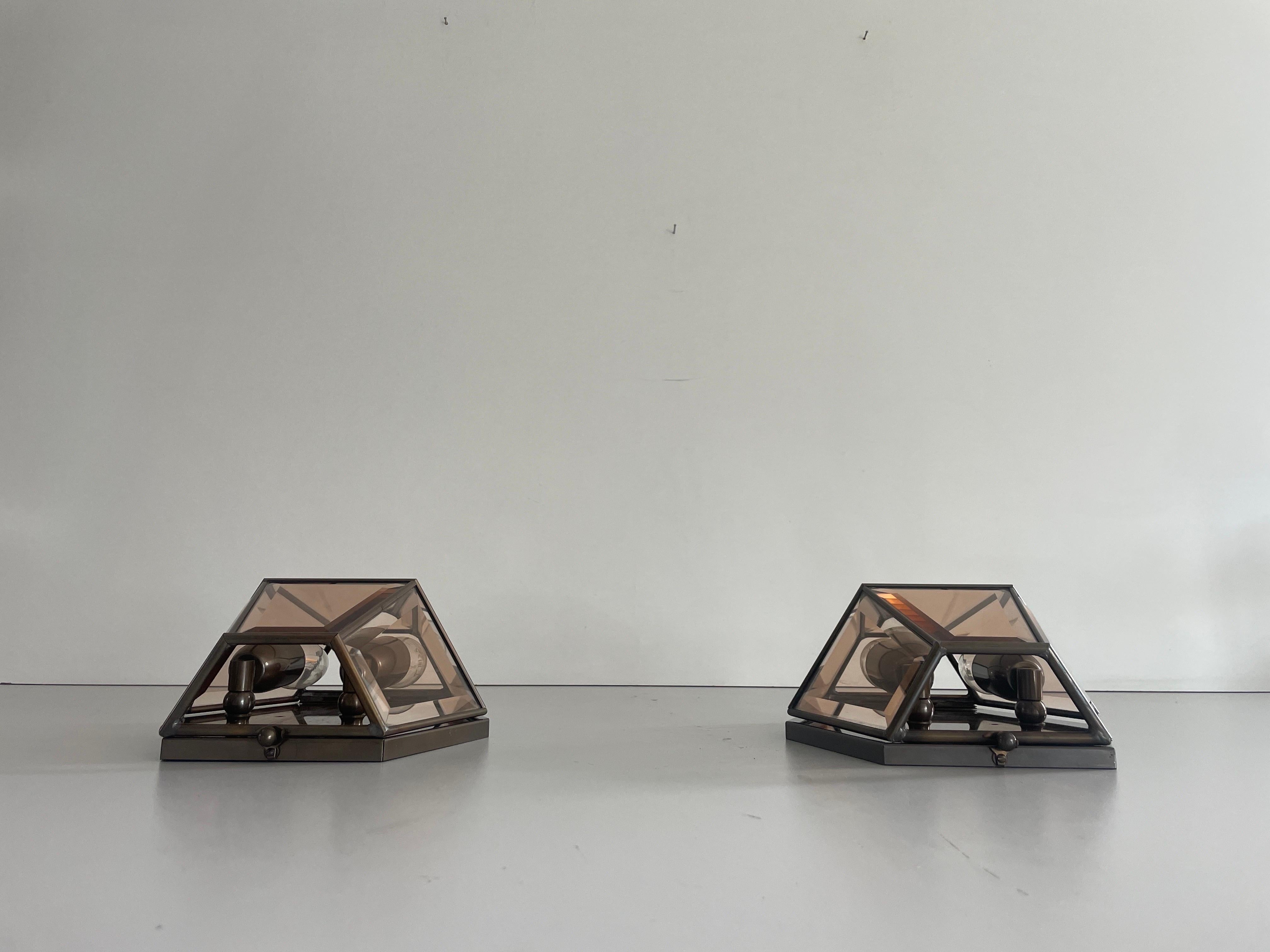 Art Deco Style Hexagonal Frame Glass Pair of Sconces, 1960s, Germany For Sale 1