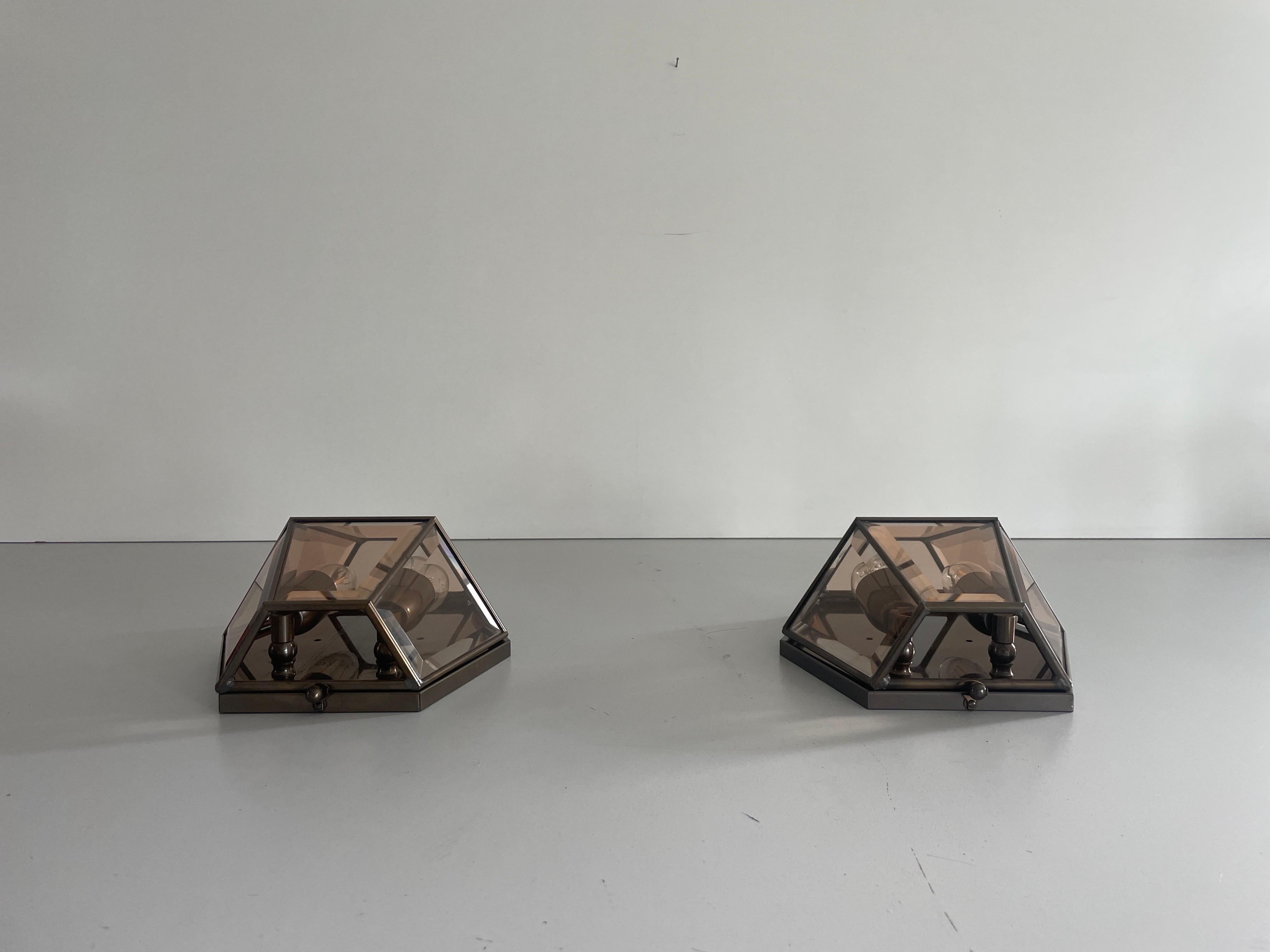 Art Deco Style Hexagonal Frame Glass Pair of Sconces, 1960s, Germany For Sale 2