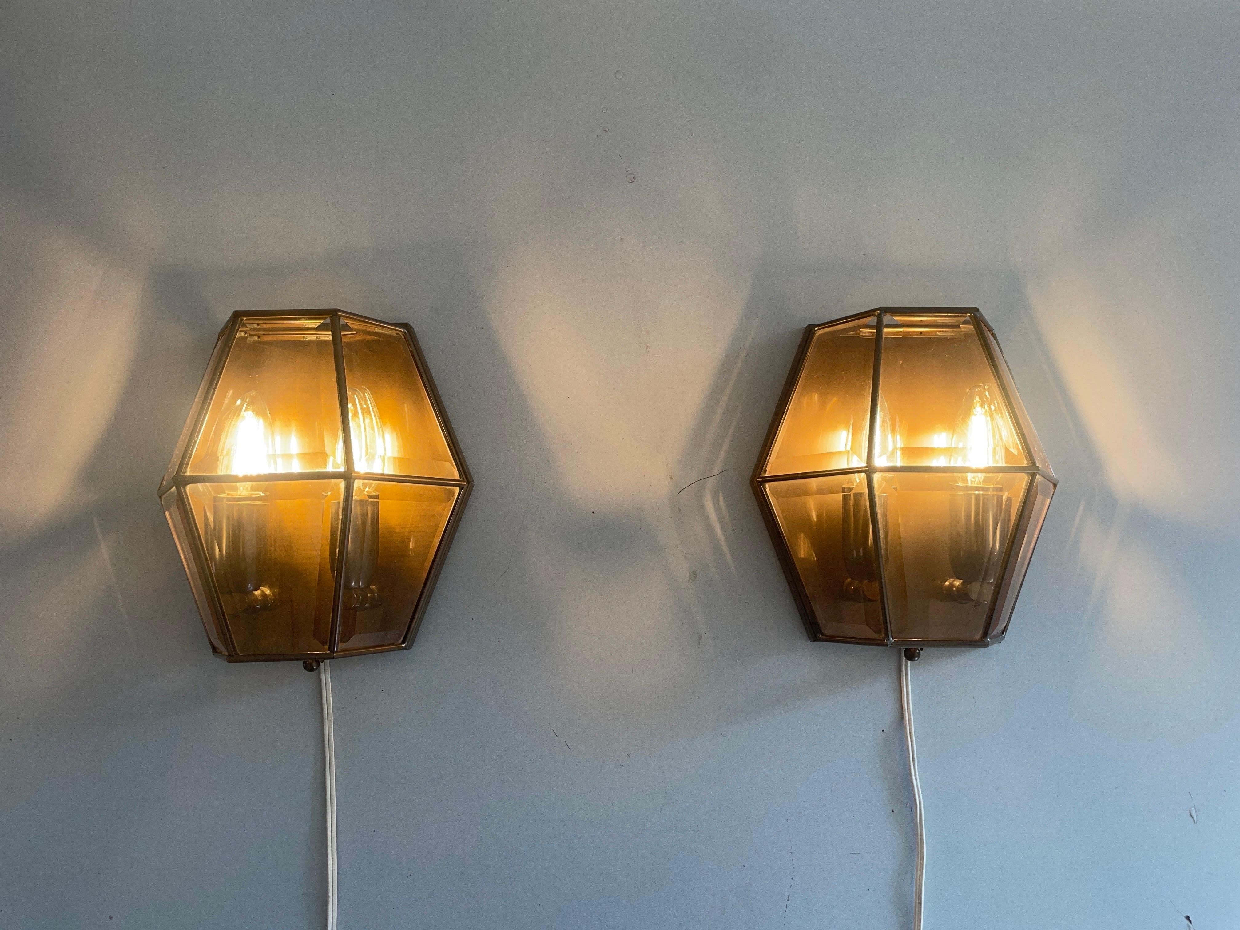 Art Deco Style Hexagonal Frame Glass Pair of Sconces, 1960s, Germany For Sale 4