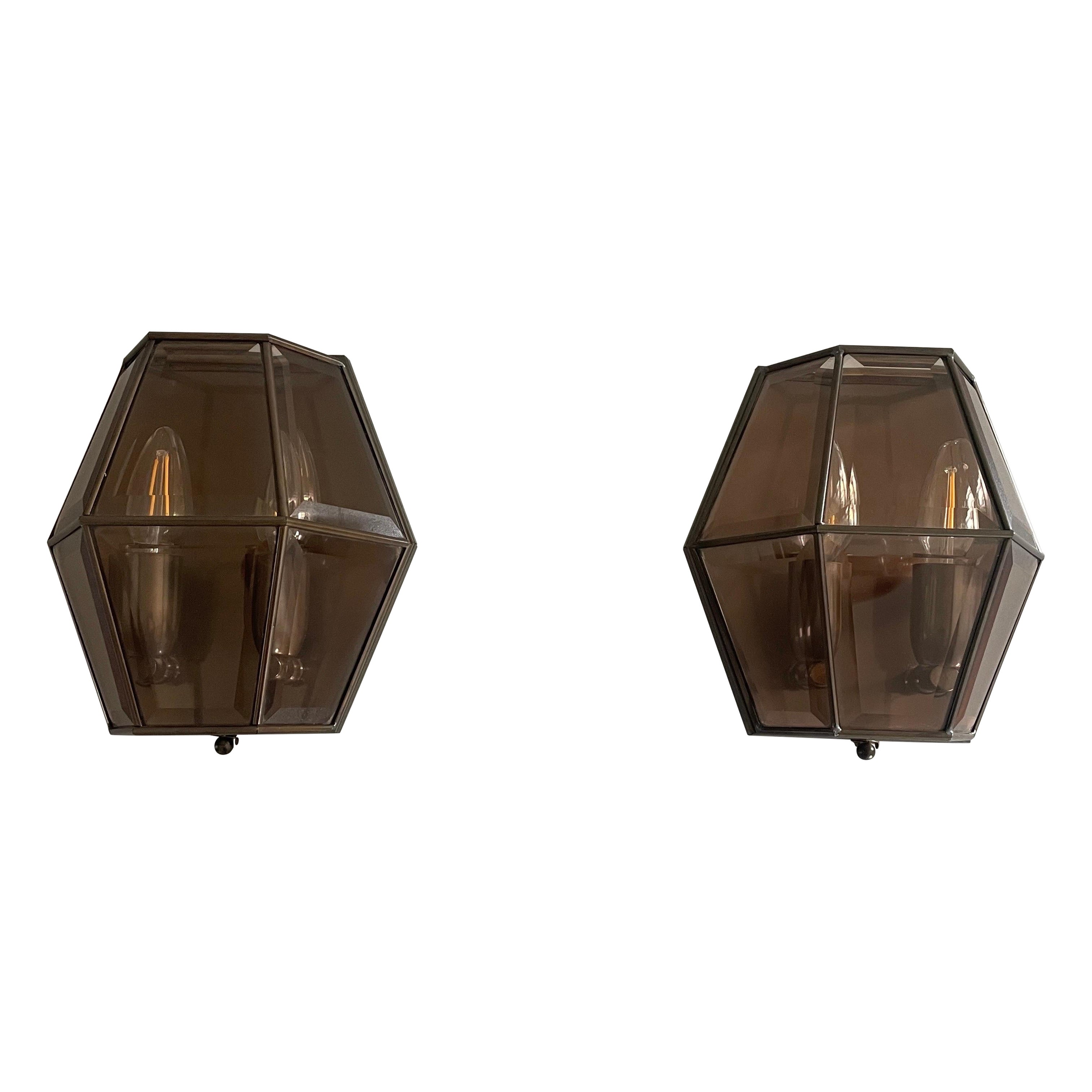 Art Deco Style Hexagonal Frame Glass Pair of Sconces, 1960s, Germany For Sale