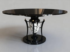 Mesa de Comedor de Ébano de Alto Brillo Estilo Art Decó con Mariposas Blancas Talladas a Mano
