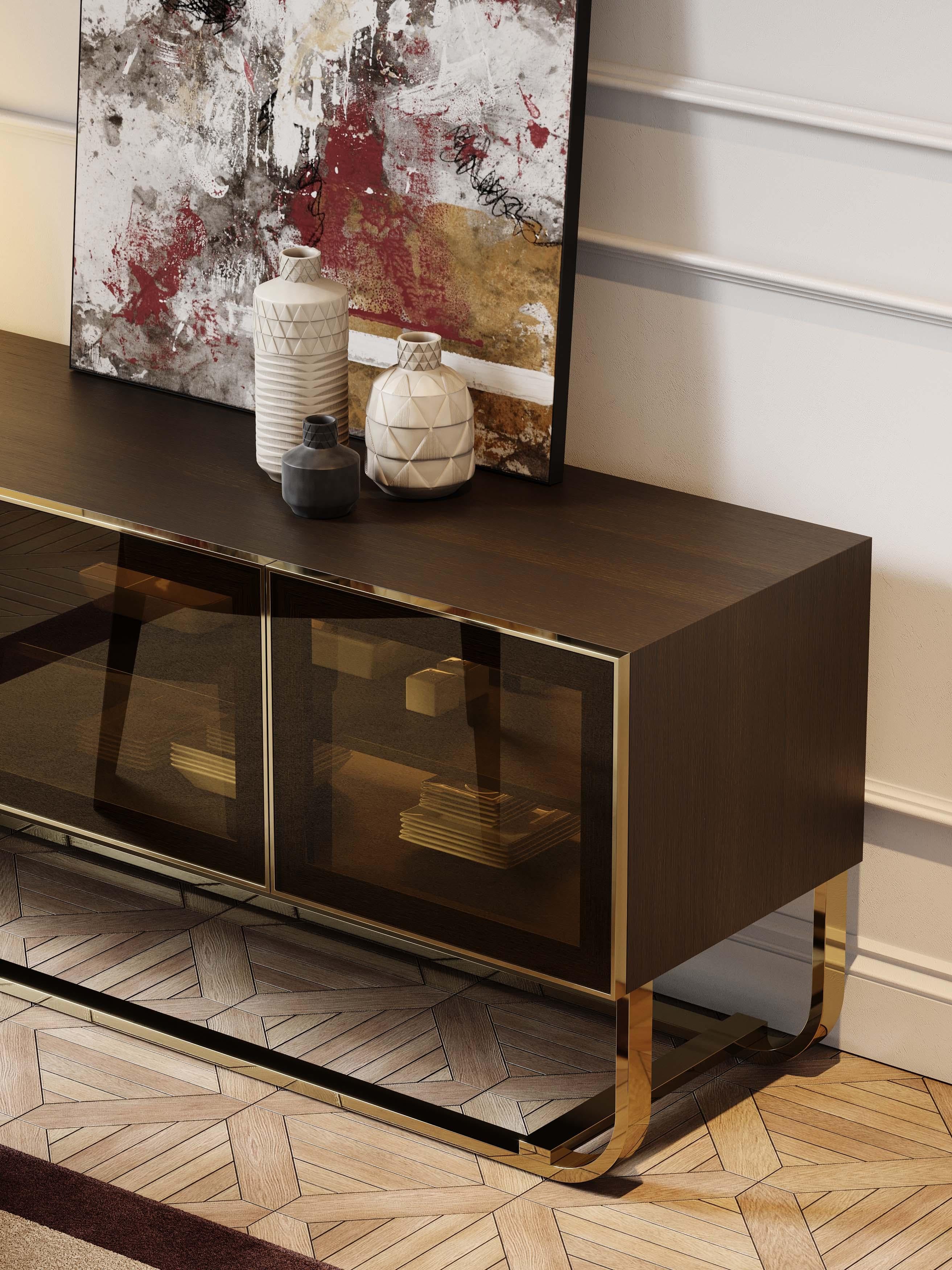 Art Deco Style His Sideboard Made with Oak and Brass, Handmade by Stylish Club In New Condition For Sale In Seroa, PT