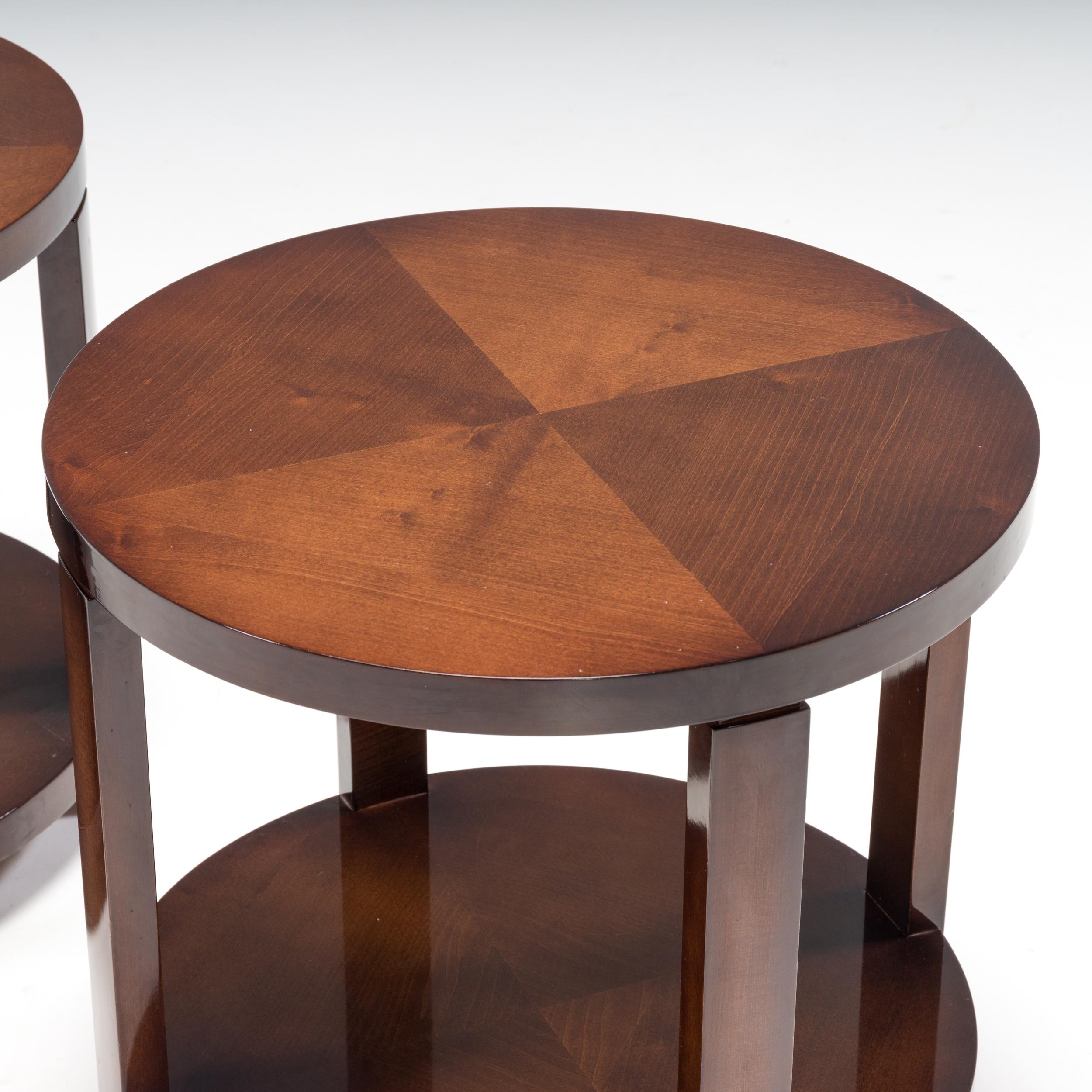 French Art Deco Style Hugues Chevalier Agora Oak Round Side Tables, Set of 2