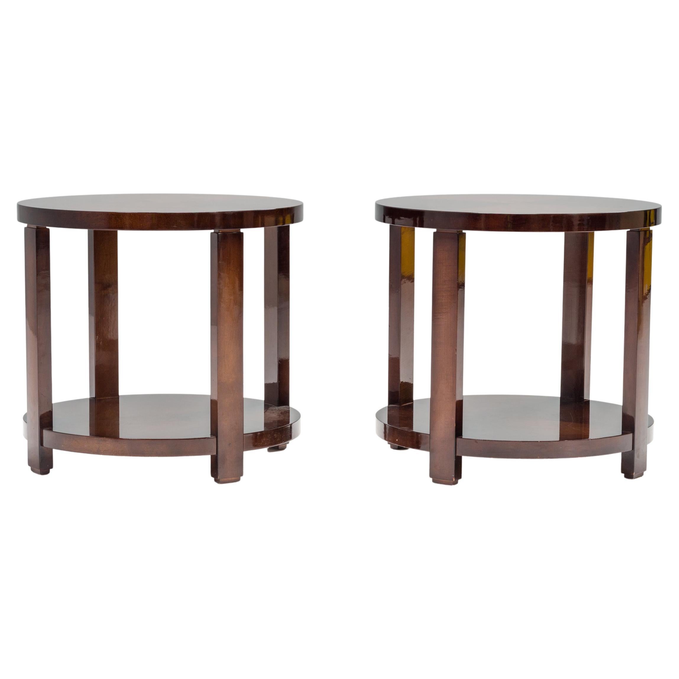 Art Deco Style Hugues Chevalier Agora Oak Round Side Tables, Set of 2