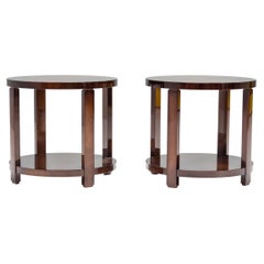 Art Deco Style Hugues Chevalier Agora Oak Round Side Tables, Set of 2