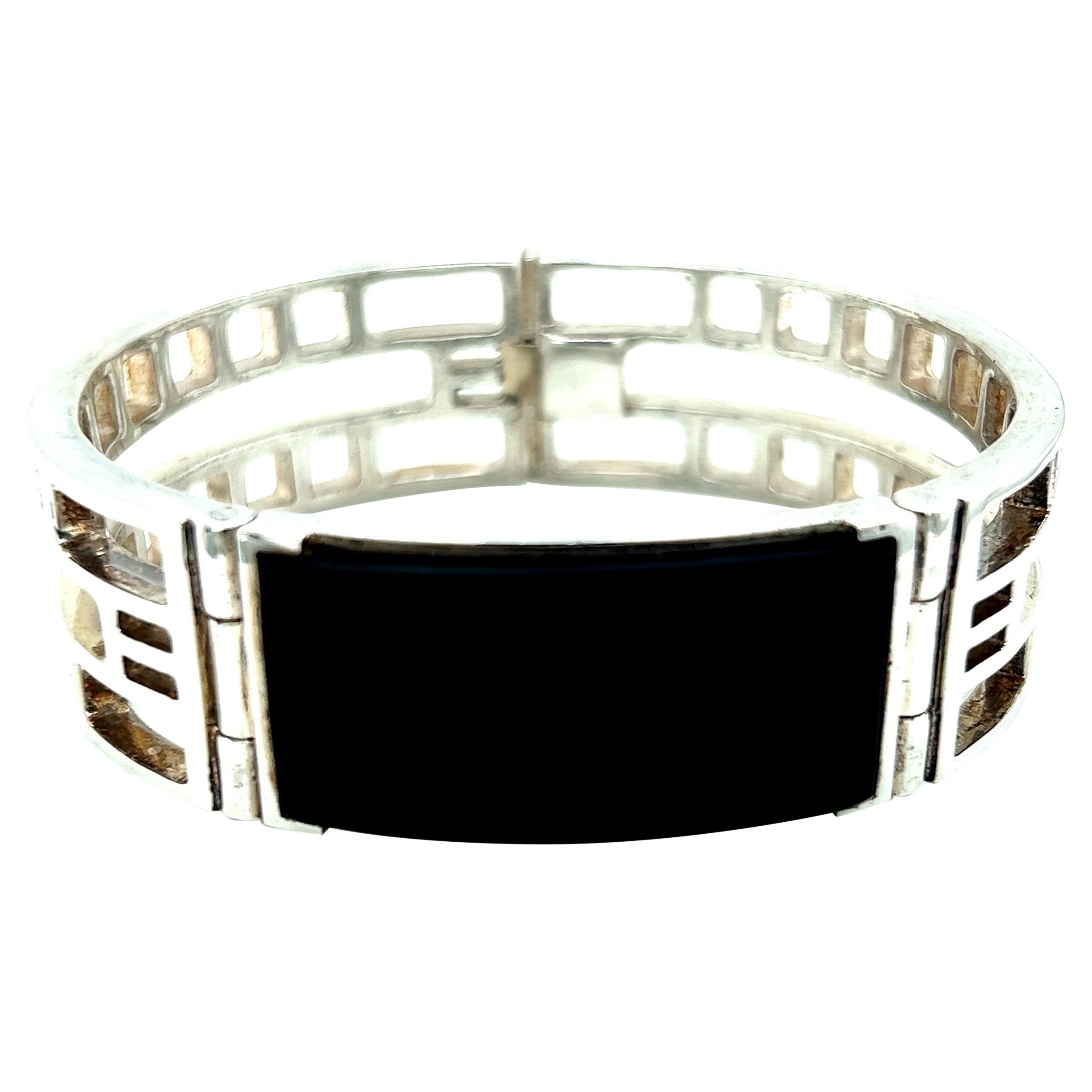 Bracelet d'identification de style Art déco avec onyx noir en argent sterling