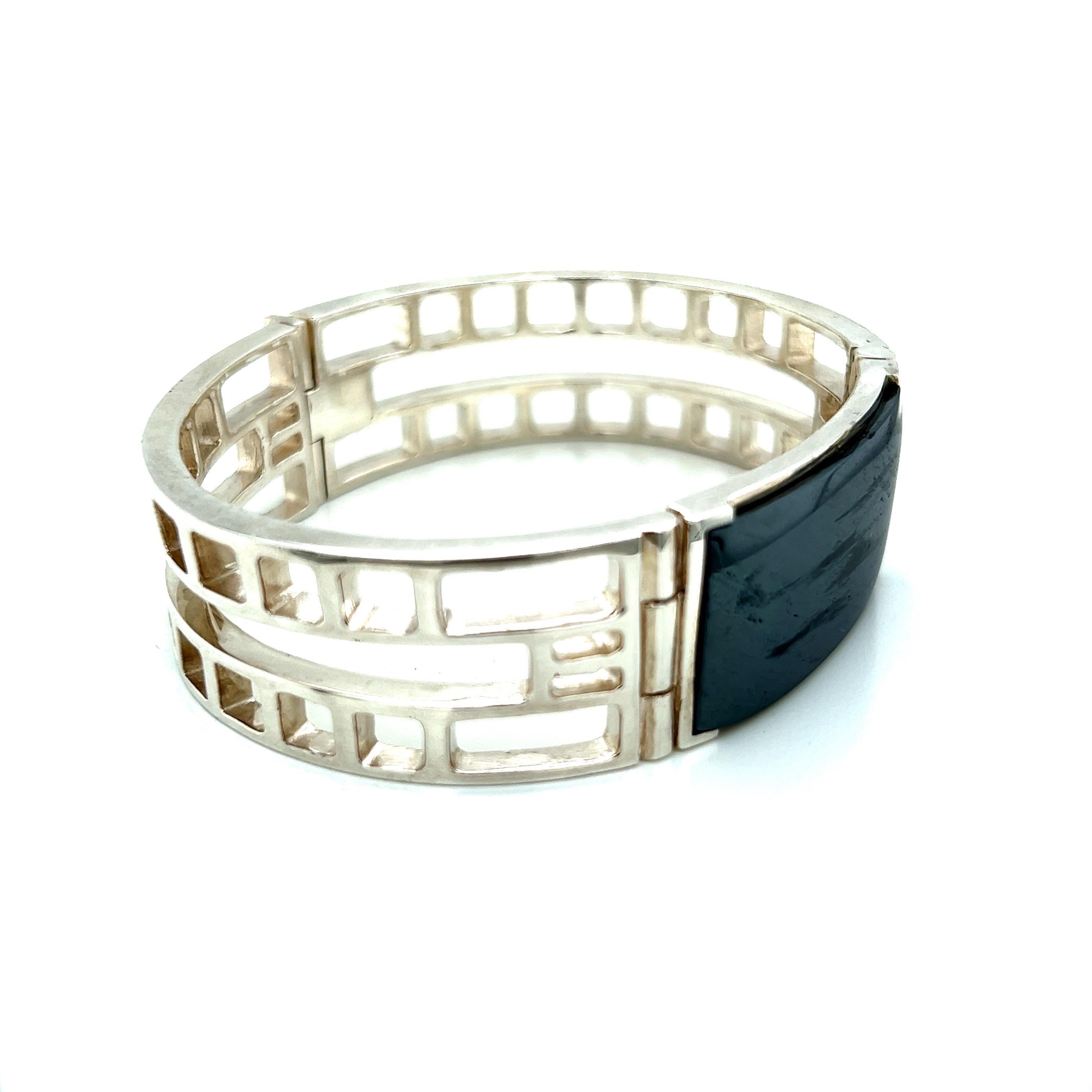 Women's or Men's Art Deco Style ID Bracelet with Hematite in Sterling Silver For Sale