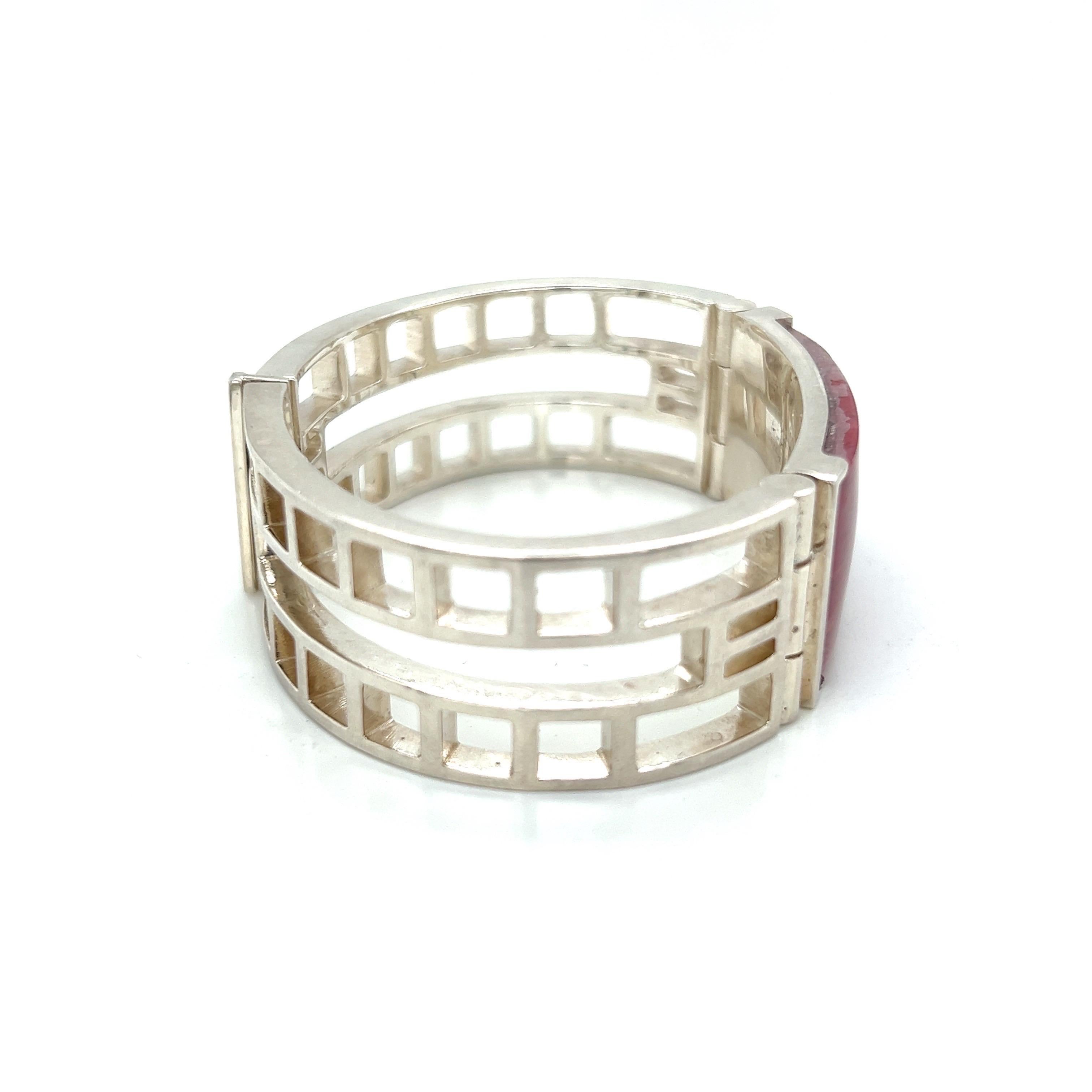 Art Deco Style ID Bracelet with Strawberry Quartz in Sterling Silver  In New Condition For Sale In New York, NY