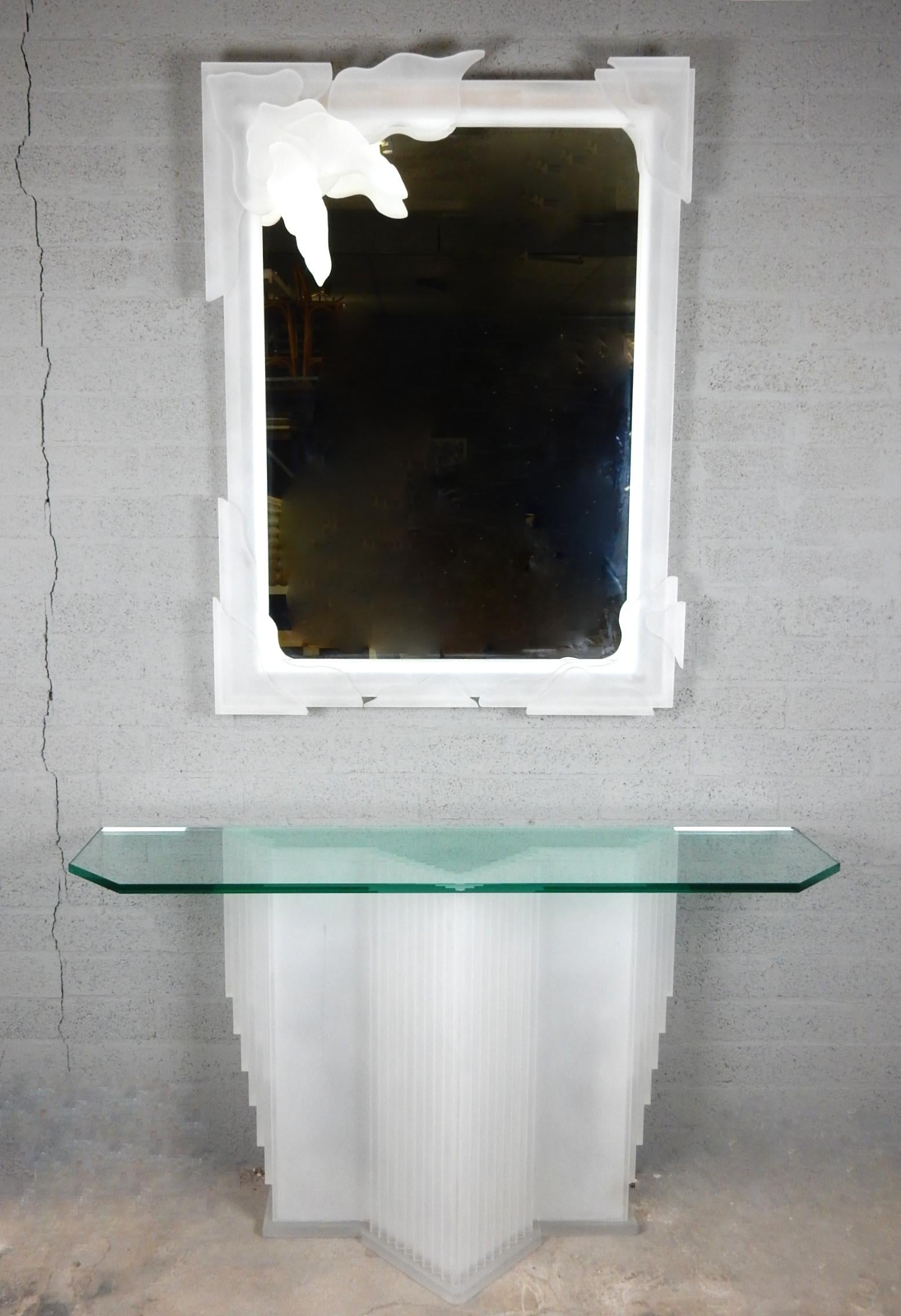 Art Deco Style Illuminated White Lucite Sculptured Wall Console Table and Mirror 2