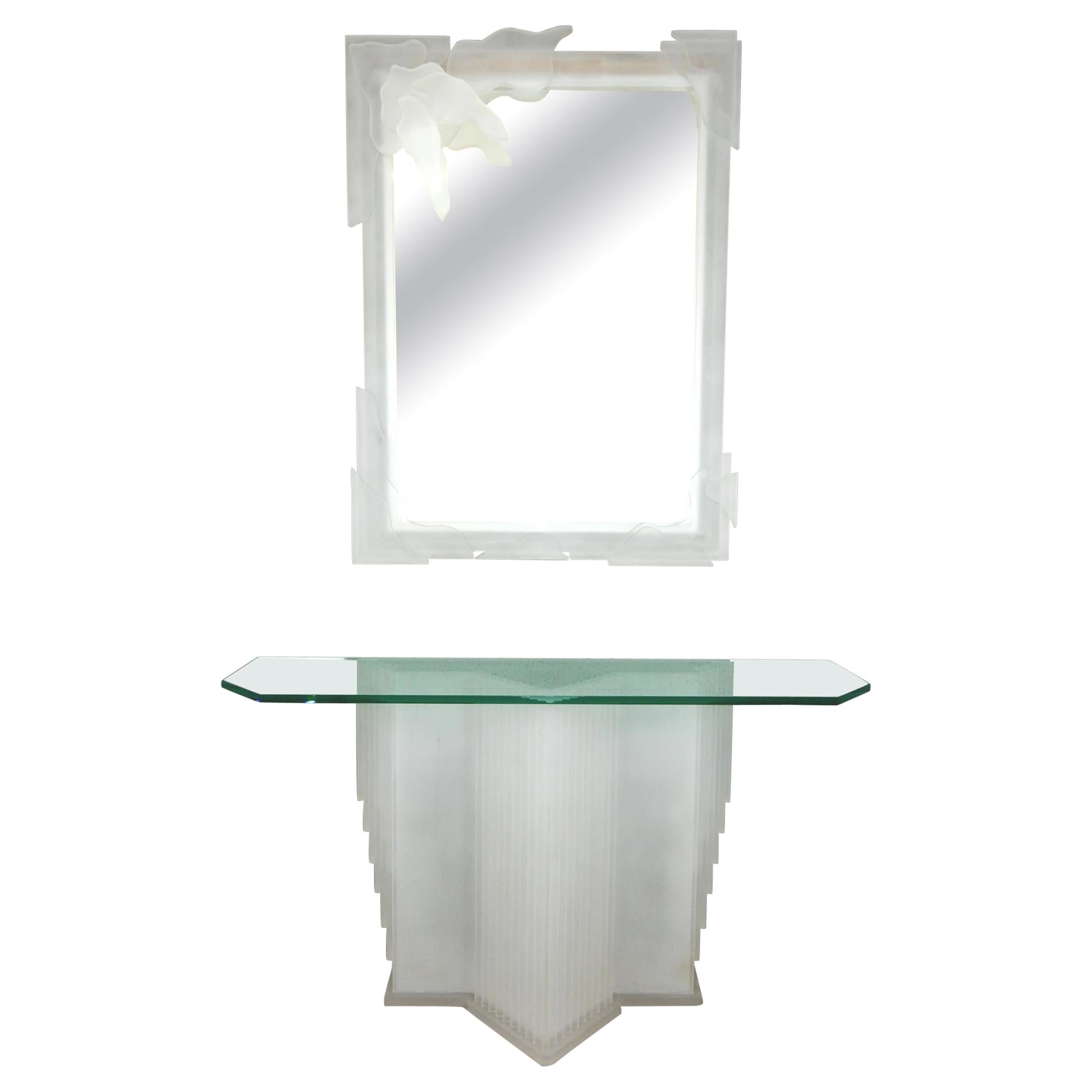 Art Deco Style Illuminated White Lucite Sculptured Wall Console Table and Mirror