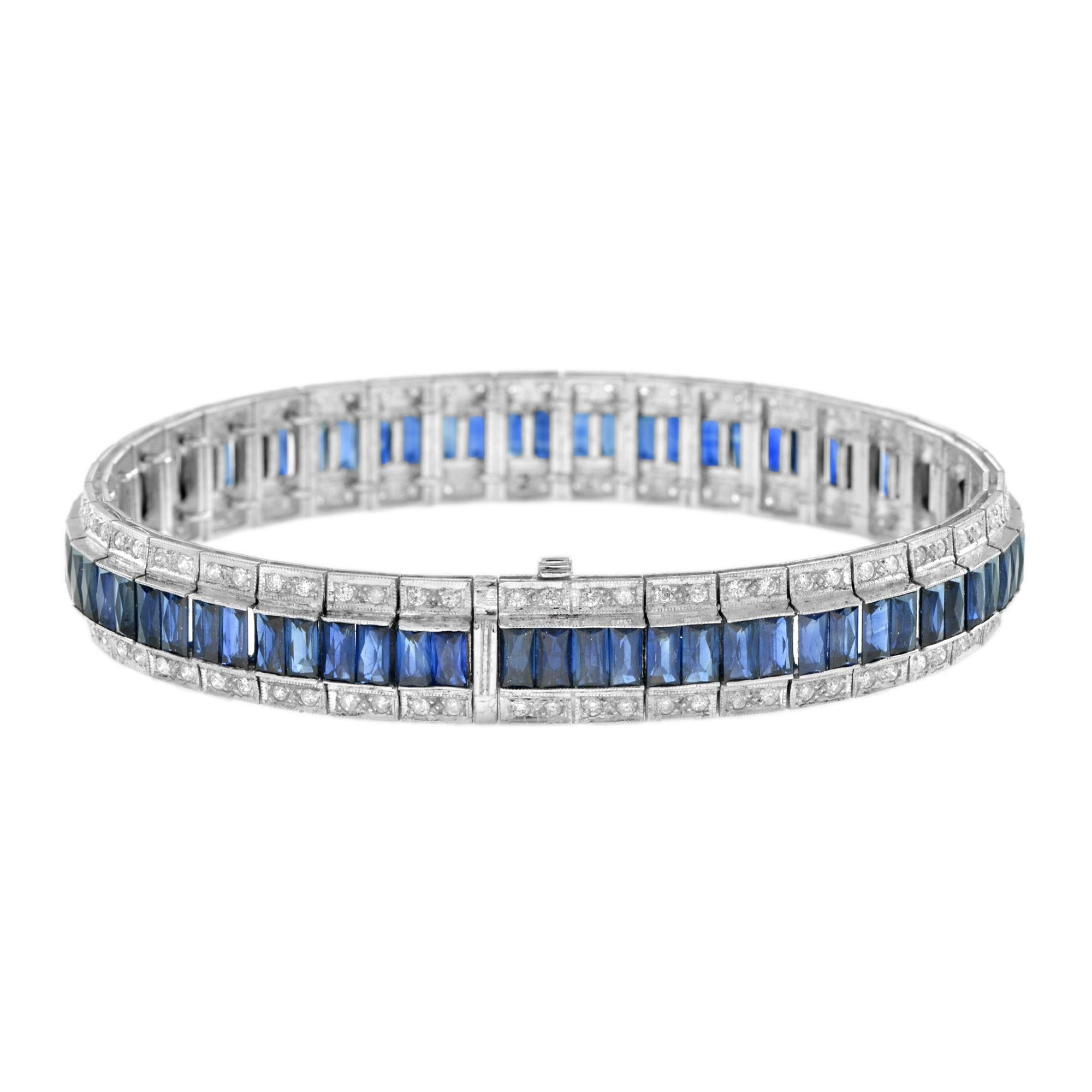 Antique 20th Century Art Deco style exceptional Sapphire and Diamond White Gold bracelet, designed as three rows set with 148 round brilliant diamonds and 74 French cut sapphires. The quality of craftmanship, clarity and color of the stones is