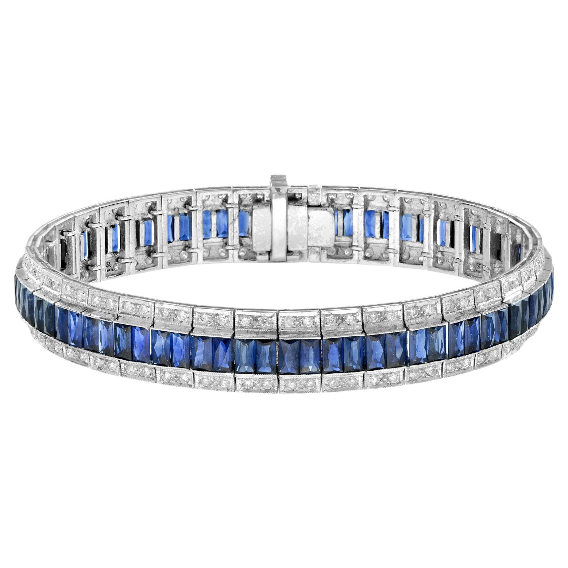 Art Deco Style Inspired Blue Sapphire & Diamond 18K White Gold Line Bracelet