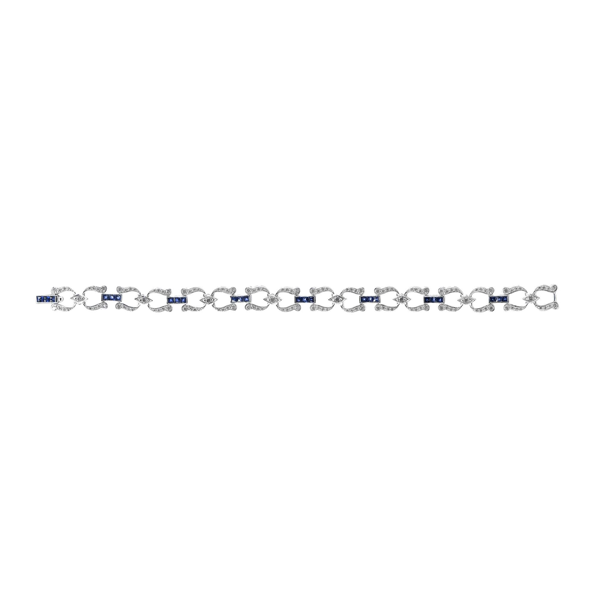 French Cut Art Deco Style Inspired Blue Sapphire & Diamond Tennis Line White Gold Bracelet For Sale