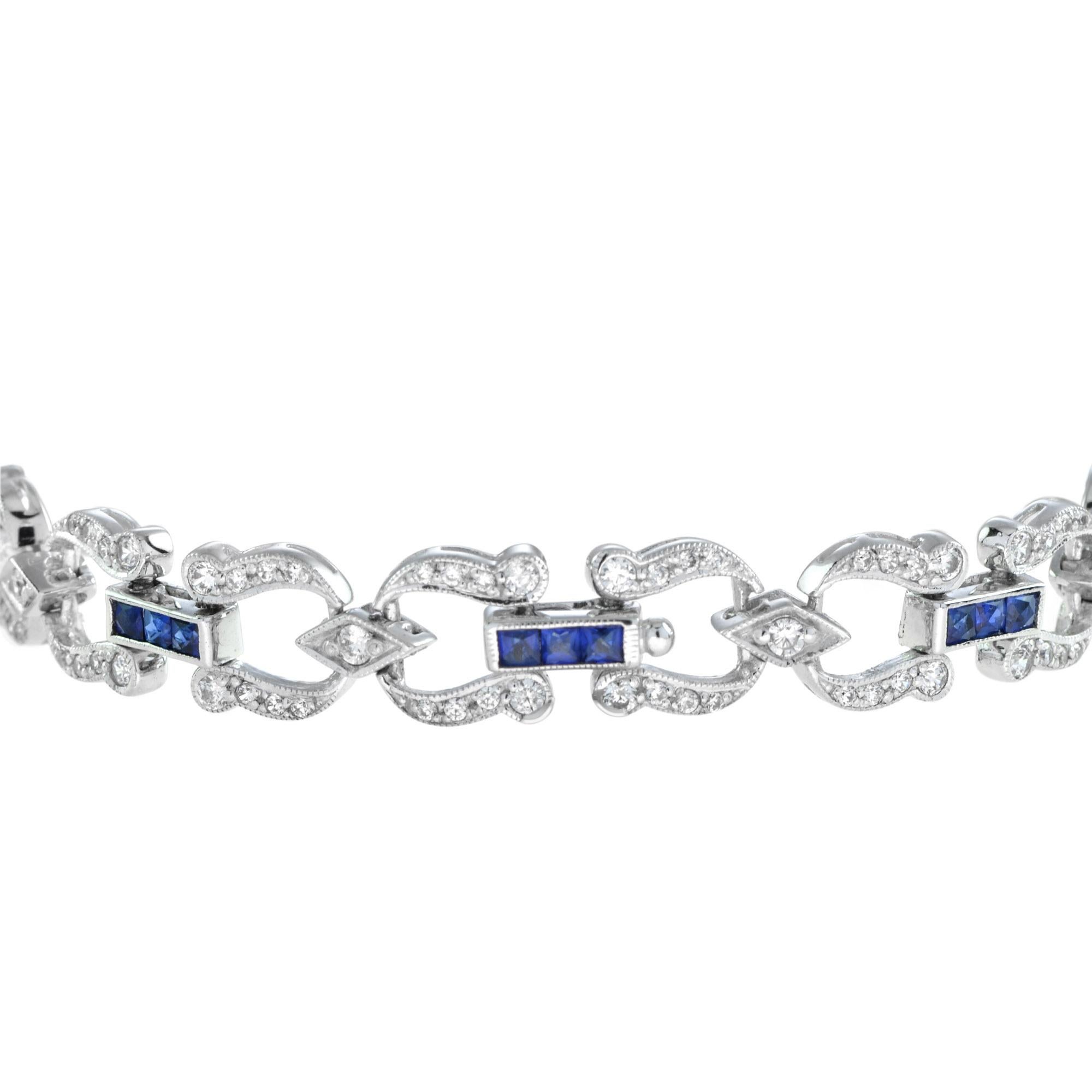 Art Deco Style Inspired Blue Sapphire & Diamond Tennis Line White Gold Bracelet In New Condition For Sale In Oakton, VA
