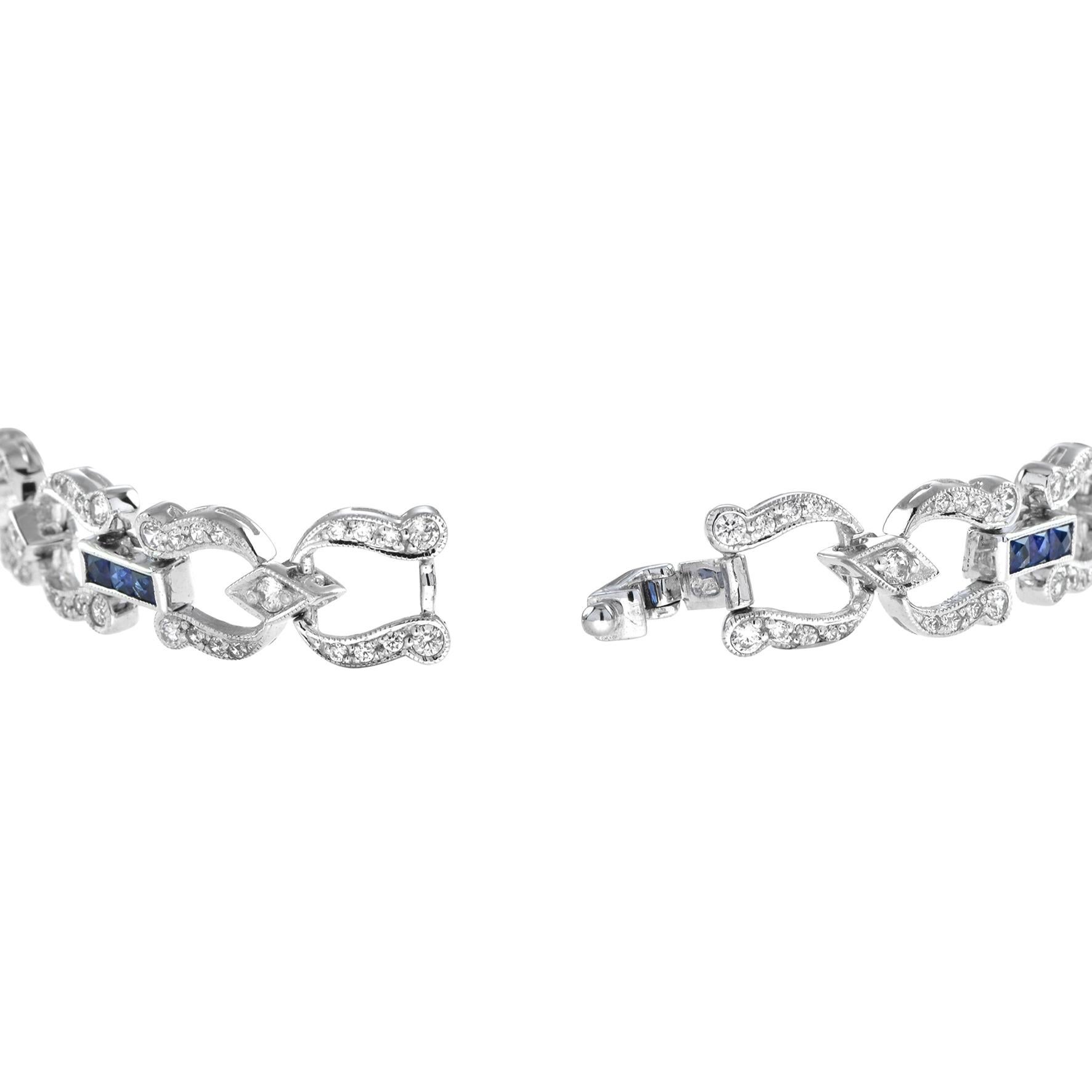 Women's Art Deco Style Inspired Blue Sapphire & Diamond Tennis Line White Gold Bracelet For Sale