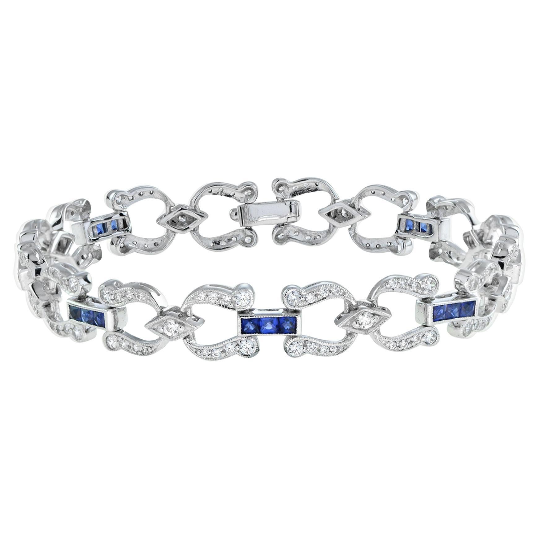 Art Deco Style Inspired Blue Sapphire & Diamond Tennis Line White Gold Bracelet