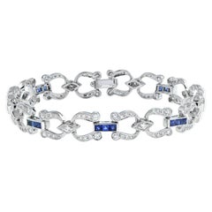 Art Deco Style Inspired Blue Sapphire & Diamond Tennis Line White Gold Bracelet