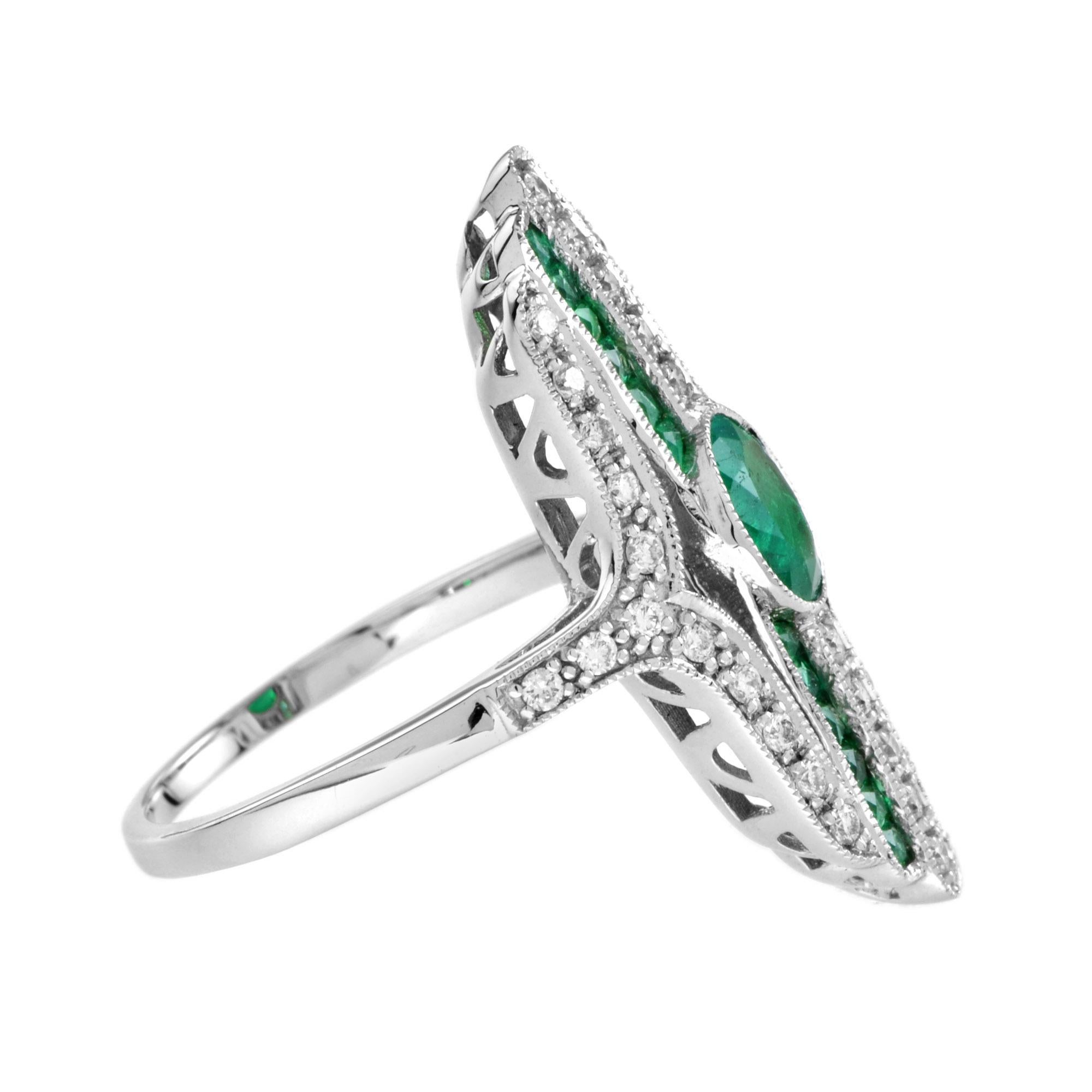 Art Deco Style Inspired Green Emerald with Diamond Cocktail White Gold Ring (Art déco) im Angebot