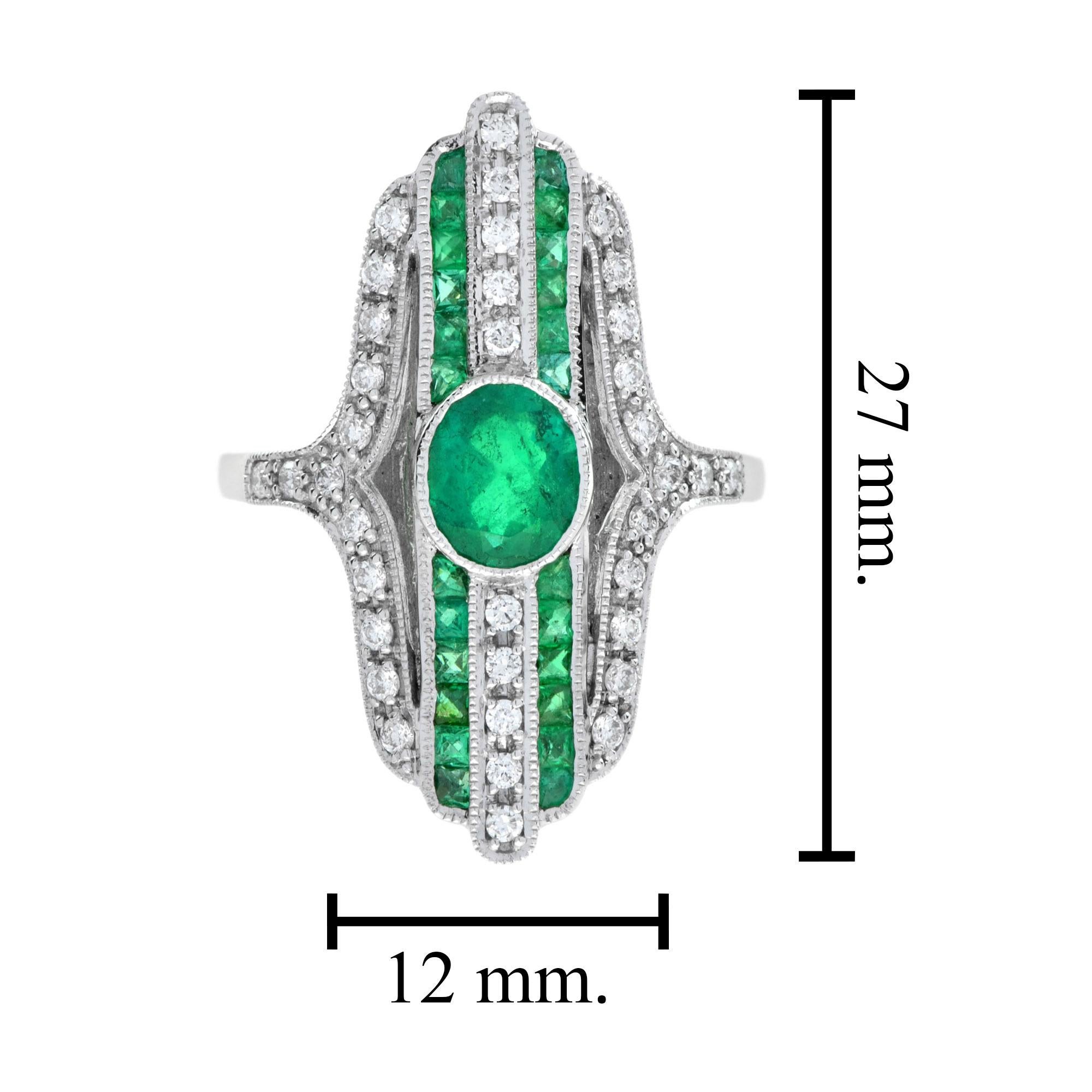 Art Deco Style Inspired Green Emerald with Diamond Cocktail White Gold Ring im Angebot 2