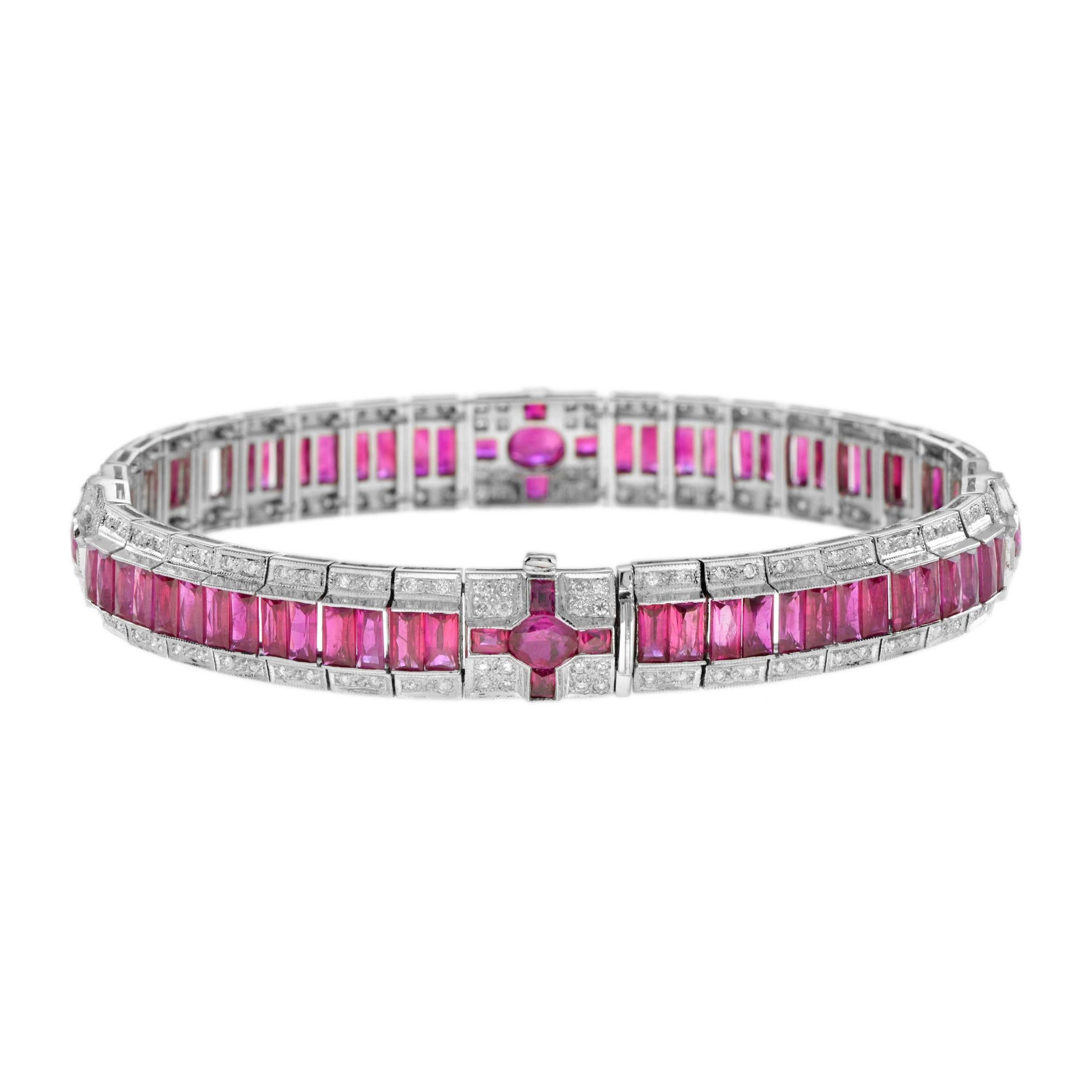 This stunning, fine and impressive antique style ruby bracelet with diamonds is crafted in 18k white gold. The fully articulated bracelet is composed of 80 rubies and 184 round brilliant diamonds. This wonderful piece is a must-have for any Art Deco