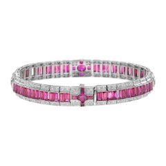 Bracciale Art Line in oro bianco 18 carati con rubino rosso rosa e diamanti di ispirazione Art Deco