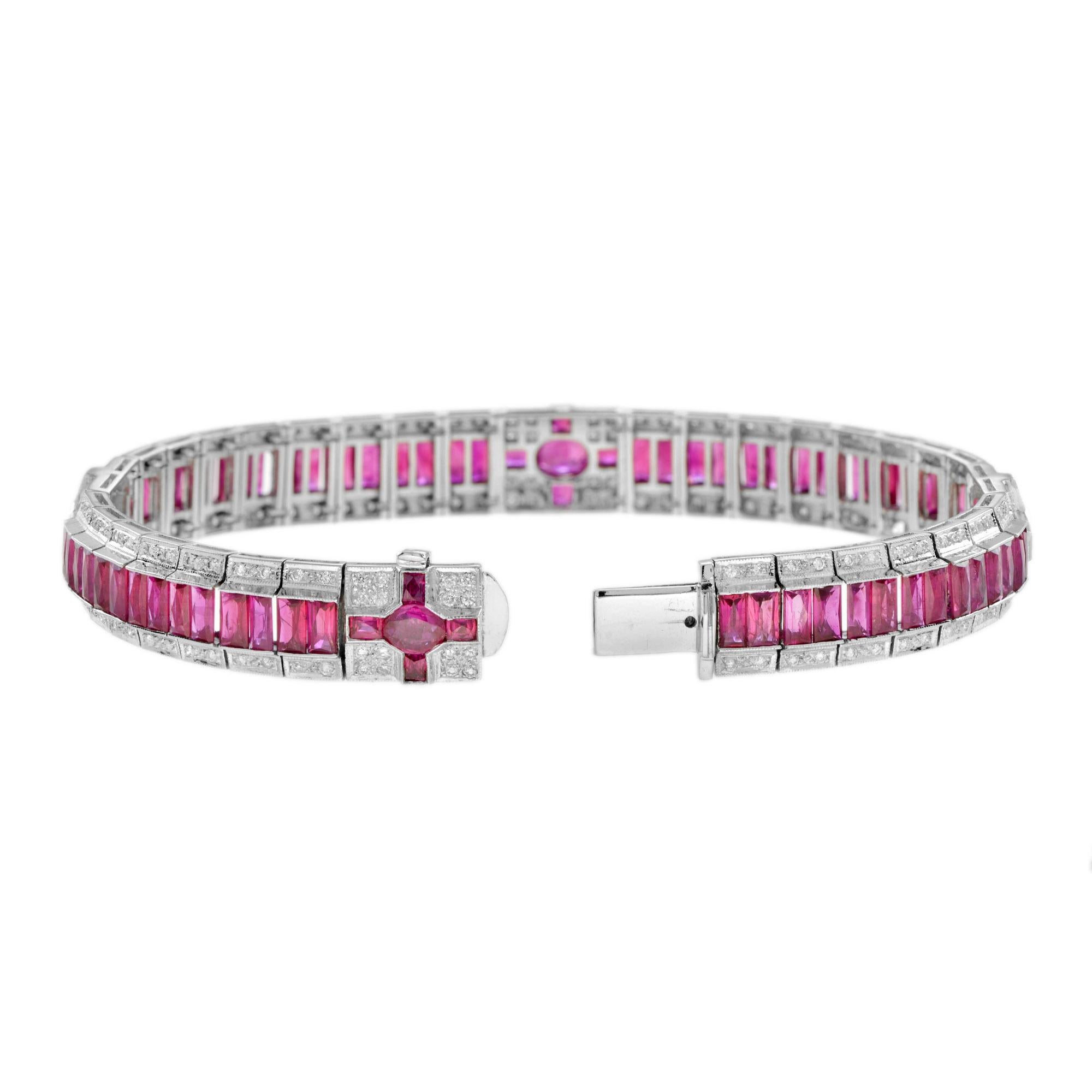 Pulsera Línea Oro Blanco 18K Inspirada en el Estilo Art Déco Rubí Rojo Rosa y Diamante Art Decó en venta