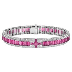 Art Deco Style Inspired Pink Red Ruby & Diamond 18K White Gold Line Bracelet