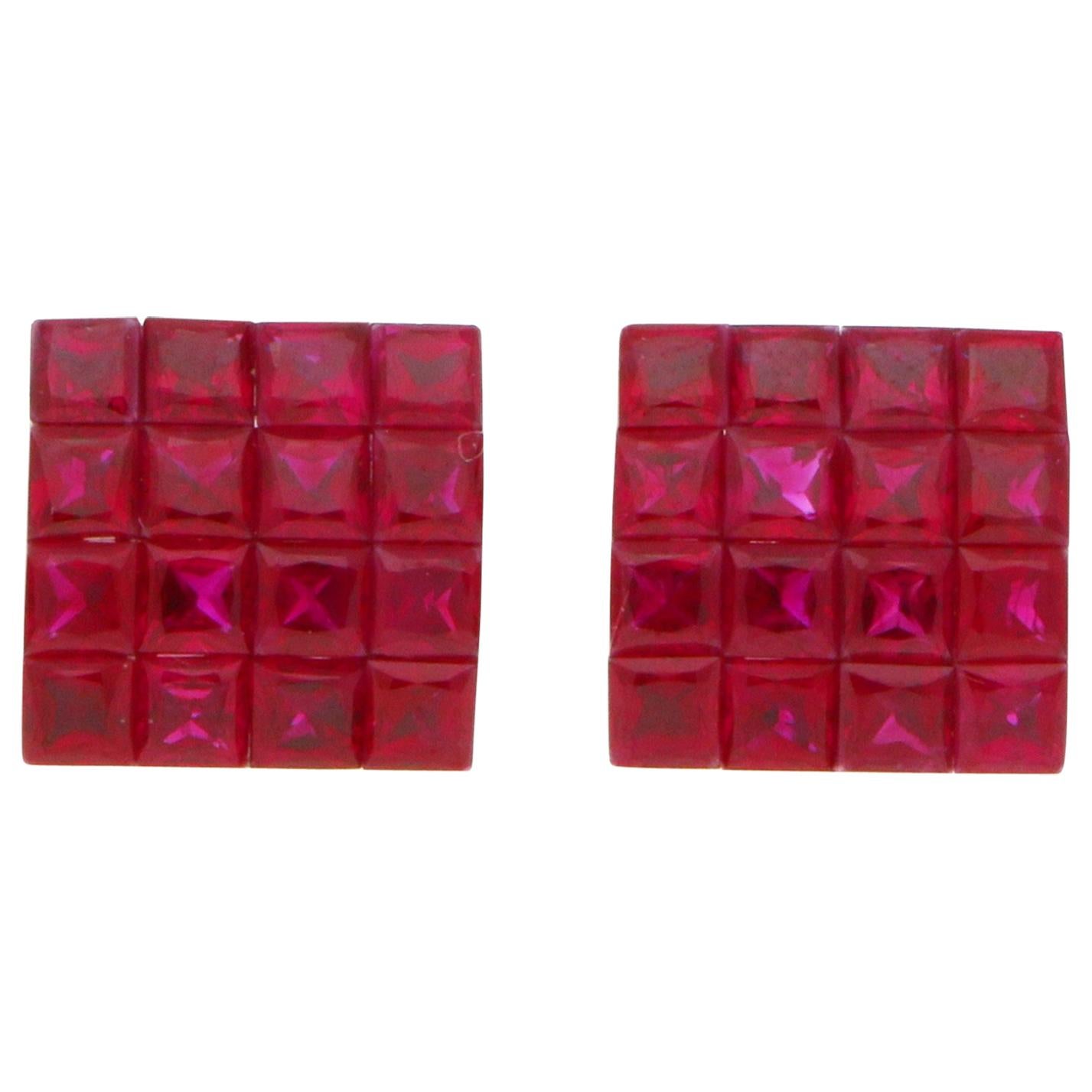 Art Deco Style Invisibly Set Princess Cut Ruby Earrings in 18 Karat White Gold