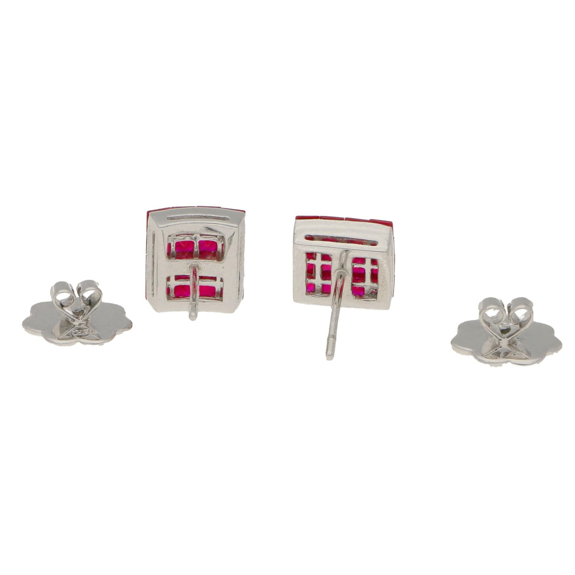 Art Deco Style Invisibly Set Princess Cut Ruby Earrings in 18 Karat White Gold For Sale 1