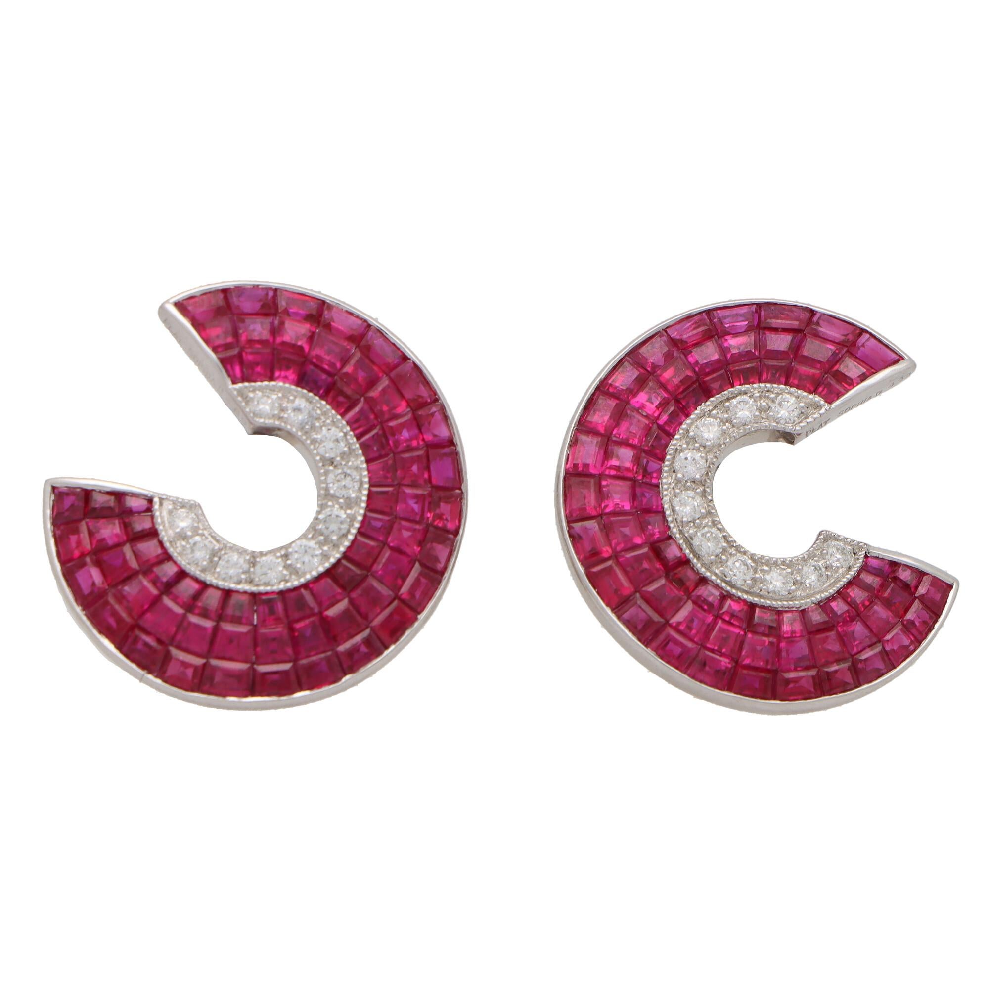 Round Cut Art Deco Style Invisibly Set Ruby and Diamond Earrings Set in Platinum